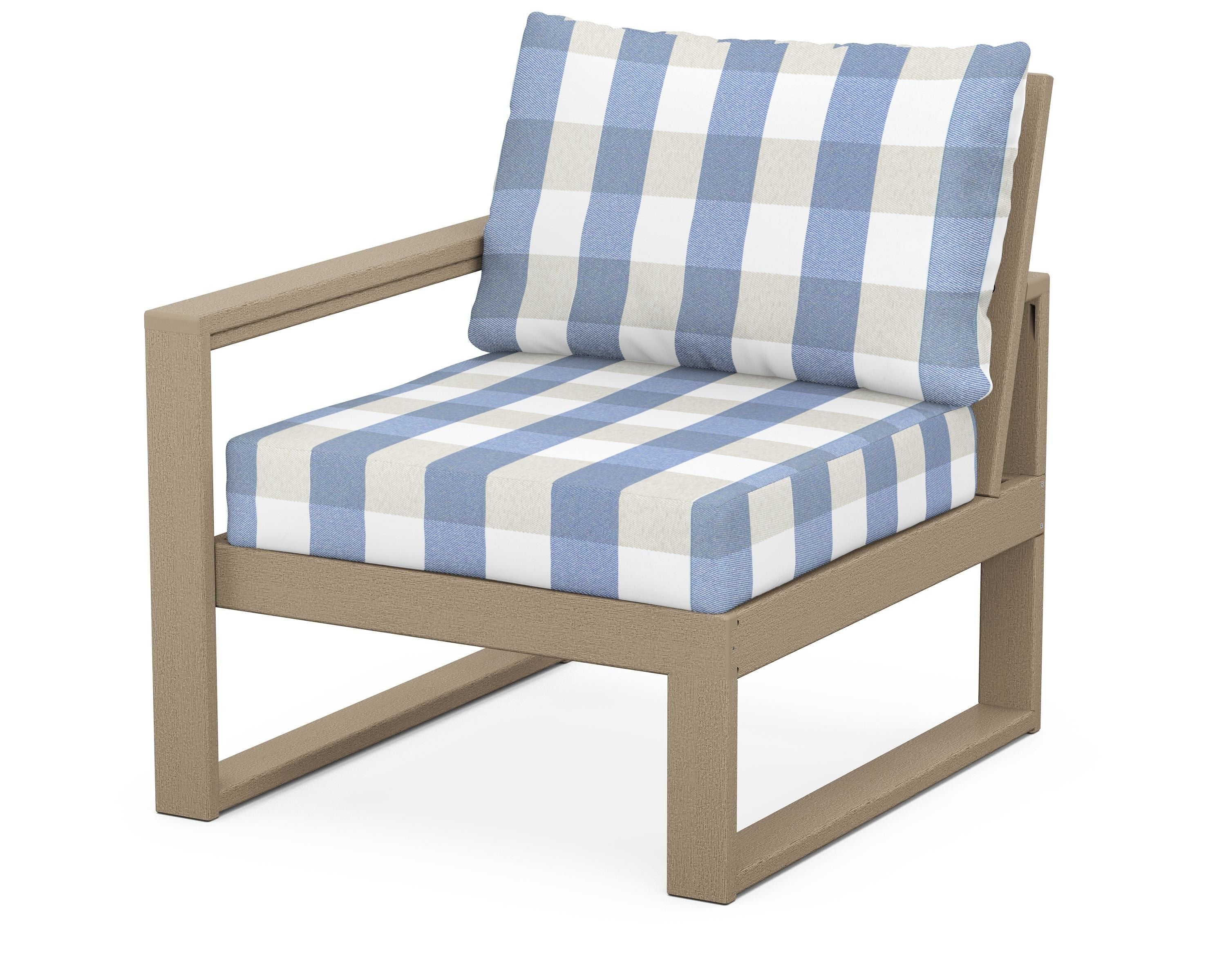 POLYWOOD® EDGE Modular Left Arm Chair in Vintage Sahara / Buffalo Plaid Sky Blue