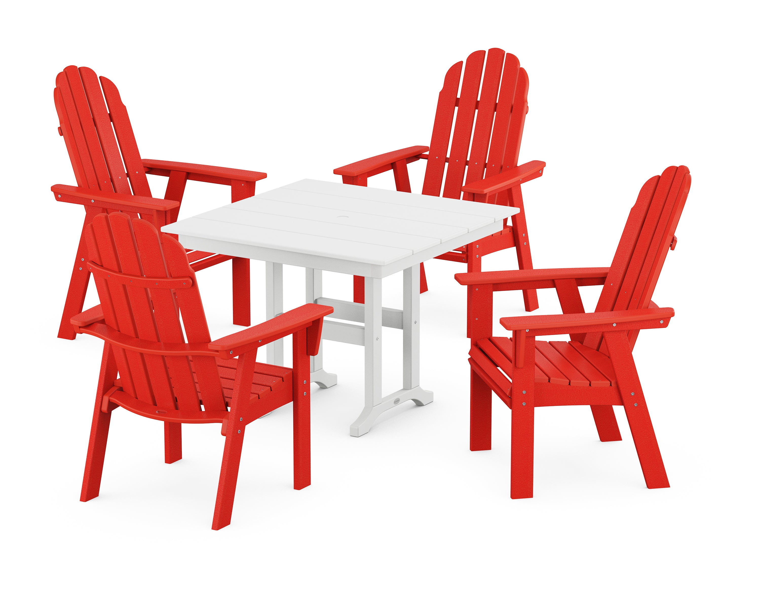 POLYWOOD® Vineyard Curveback Adirondack 5-Piece Farmhouse Dining Set in Sunset Red / White