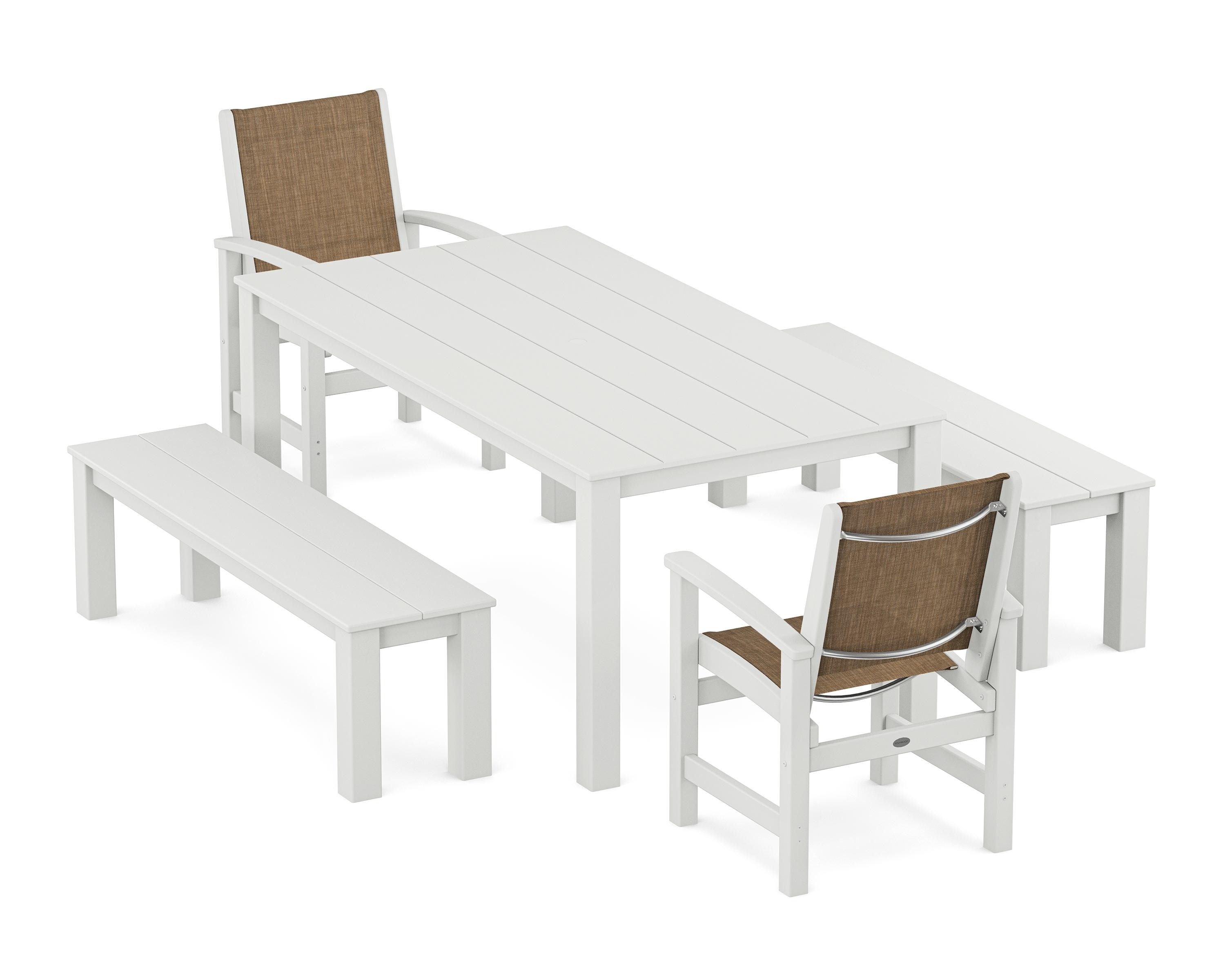POLYWOOD® Coastal 5-Piece Parsons Dining Set with Benches in White / Burlap Sling