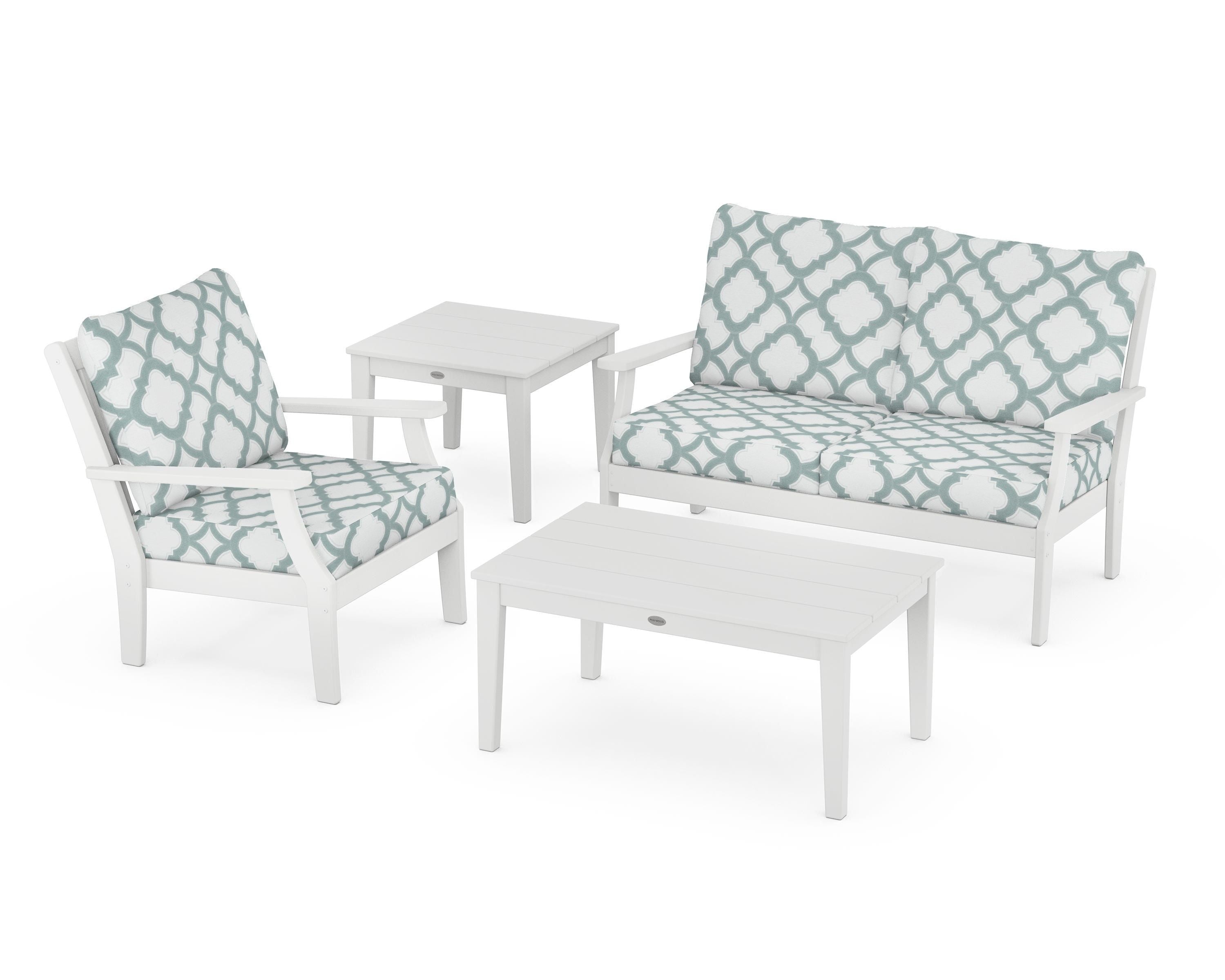 POLYWOOD® Braxton 4-Piece Deep Seating Set in White / Trellis Glacier Spa