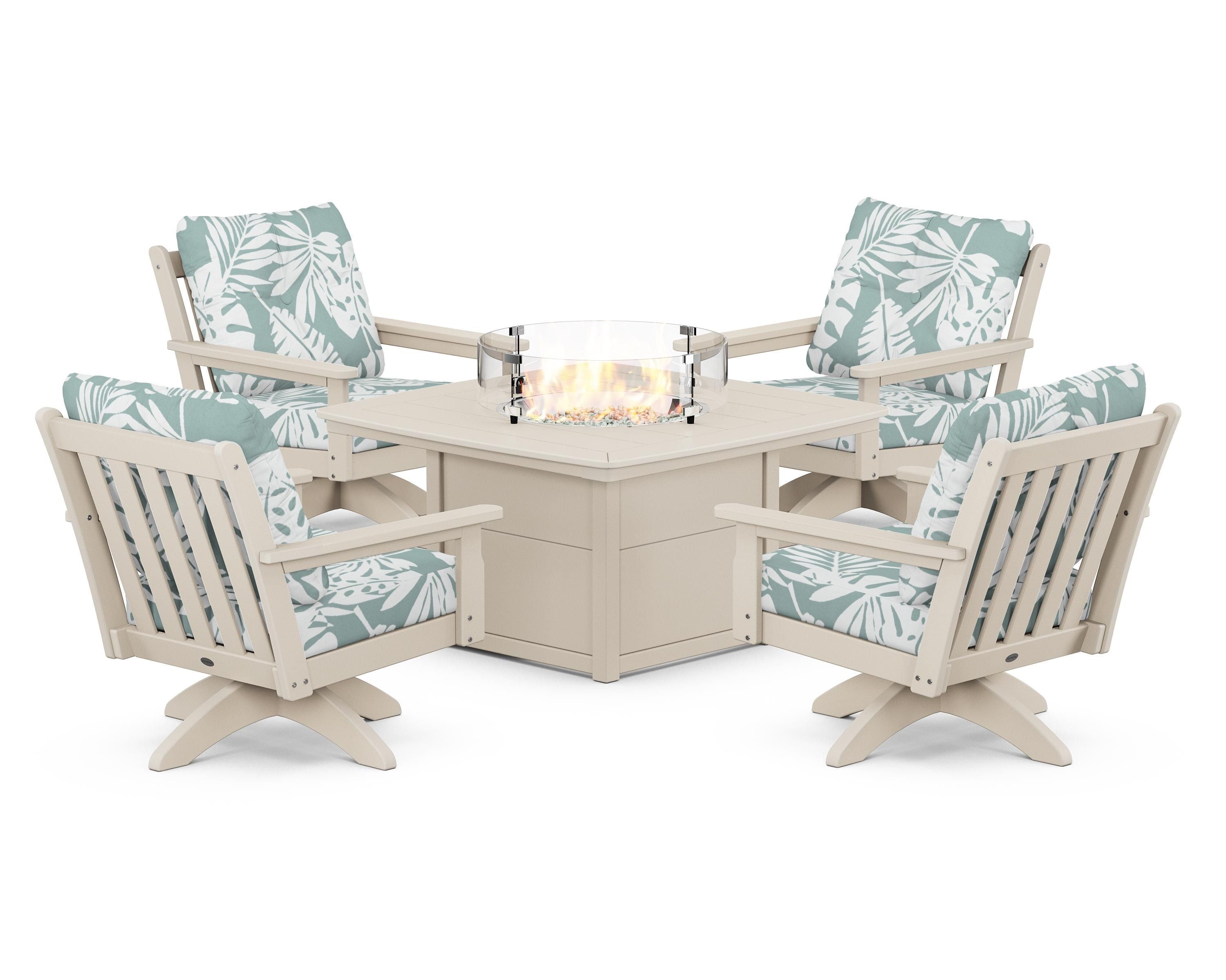 POLYWOOD® Vineyard 5-Piece Deep Seating Swivel Conversation Set with Fire Pit Table in Sand / Leaf Glacier Spa