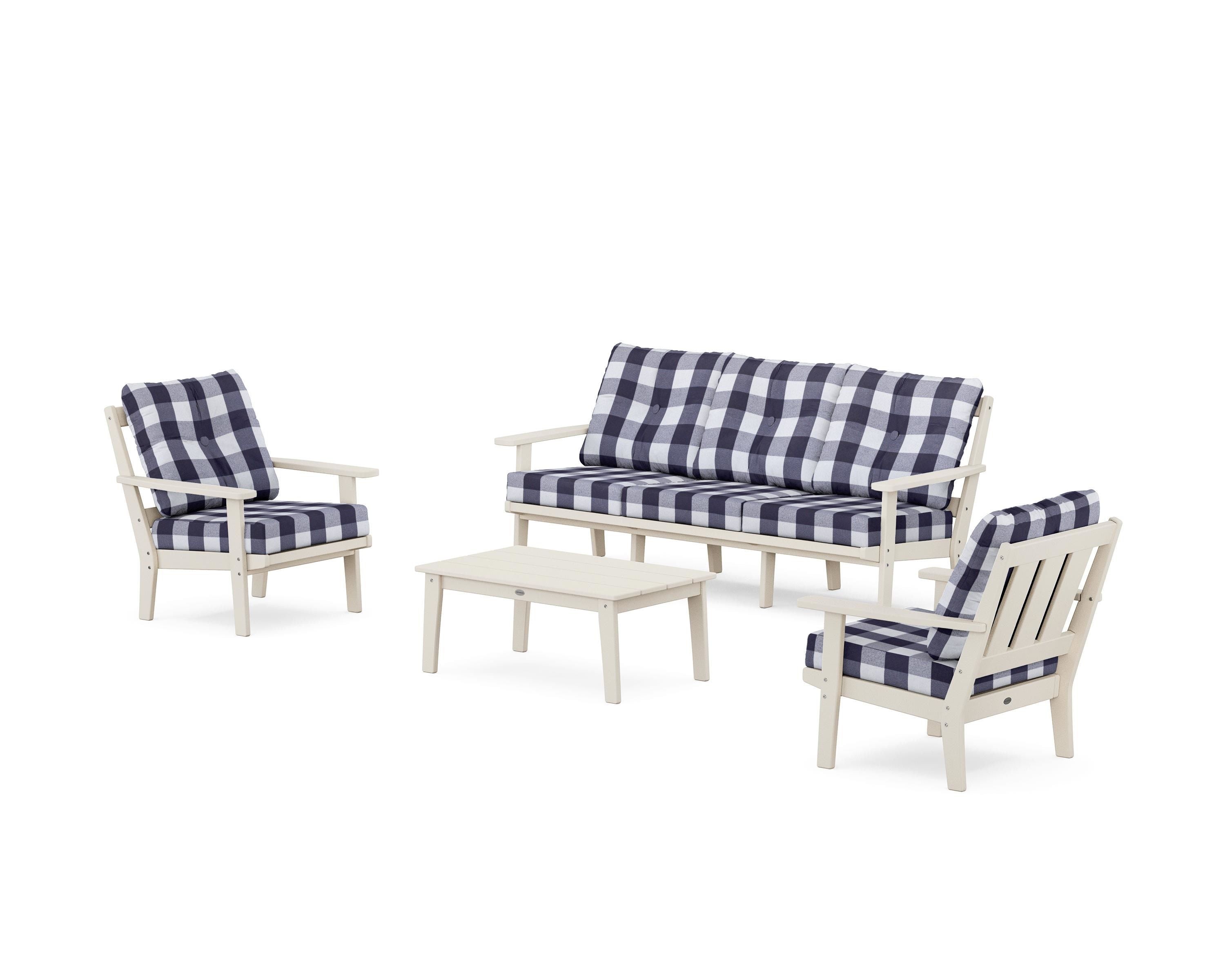 POLYWOOD® Oxford 4-Piece Deep Seating Set with Sofa in Sand / Buffalo Plaid Navy
