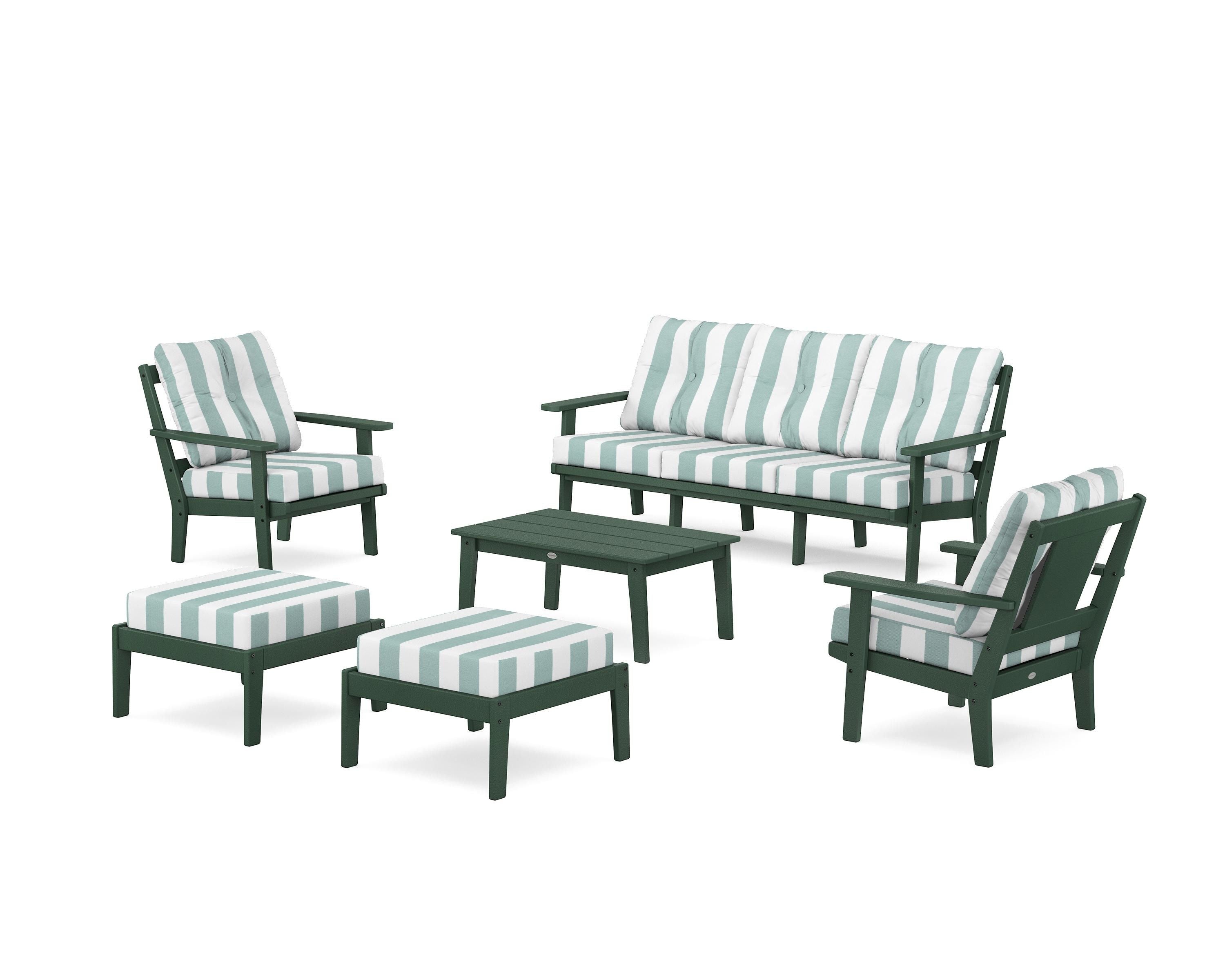 POLYWOOD® Prairie 6-Piece Lounge Sofa Set in Green / Cabana Stripe Glacier Spa