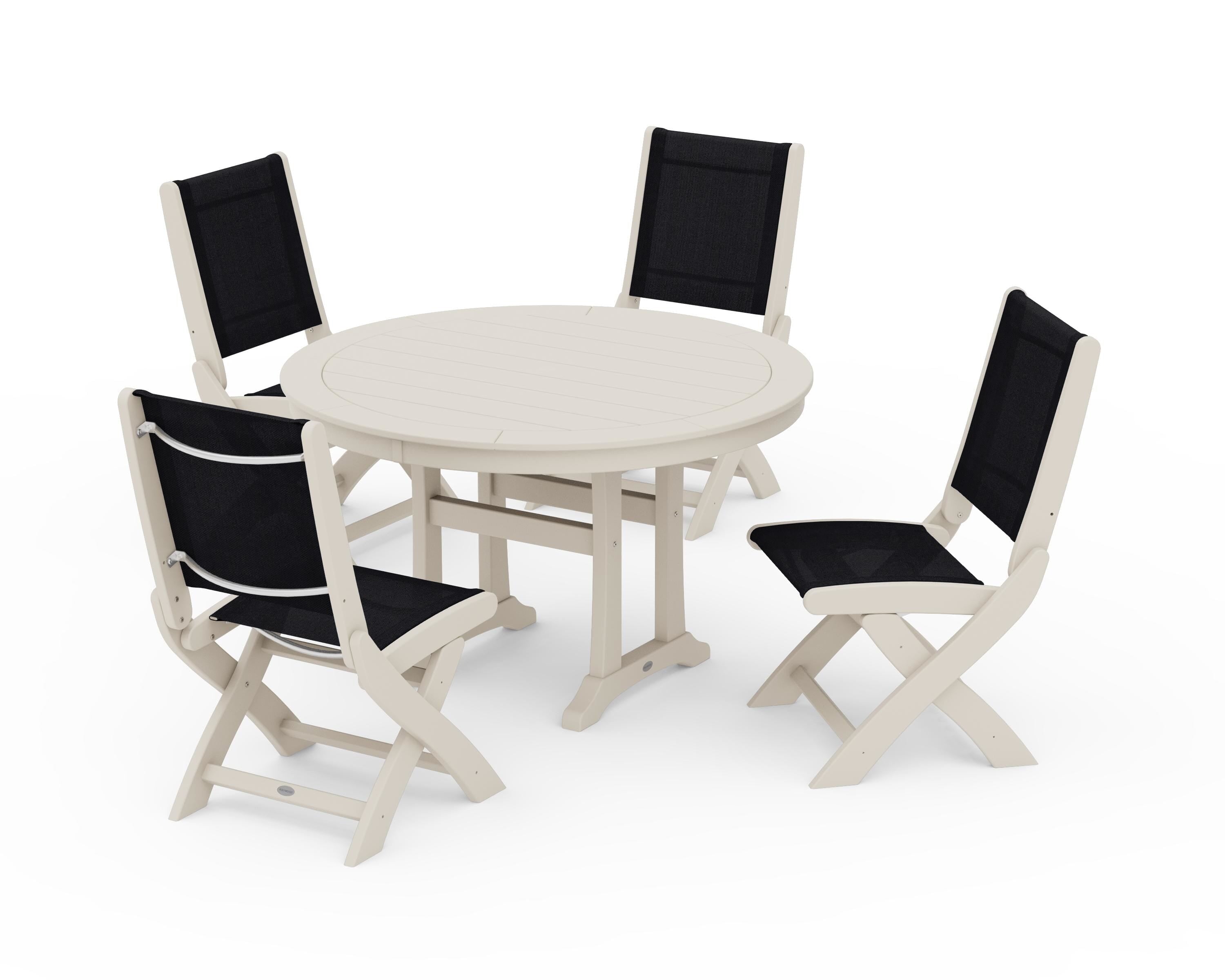 POLYWOOD® Coastal Folding Side Chair 5-Piece Round Dining Set With Trestle Legs in Sand / Black Sling