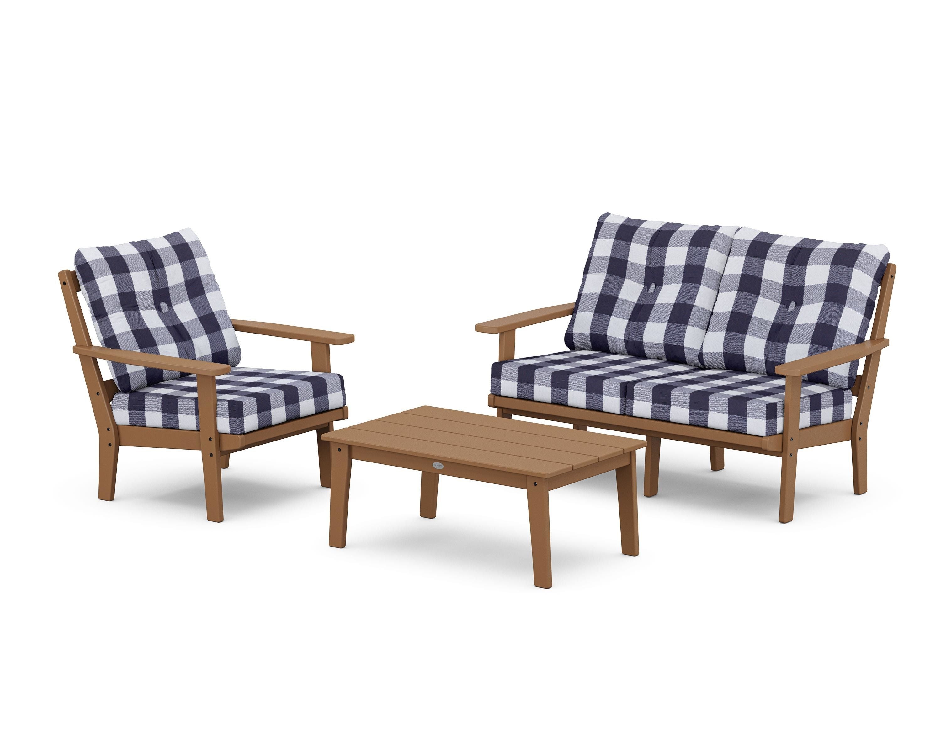 POLYWOOD® Prairie 3-Piece Deep Seating Set with Loveseat in Teak / Buffalo Plaid Navy