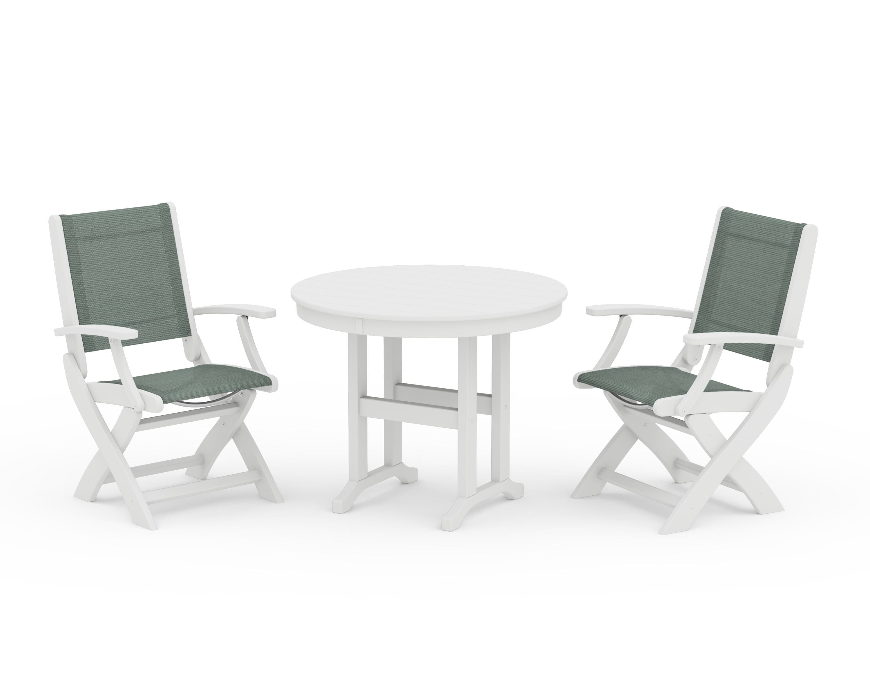 POLYWOOD® Coastal Folding Chair 3-Piece Round Dining Set in White / Dupioni Sea Mist Sling
