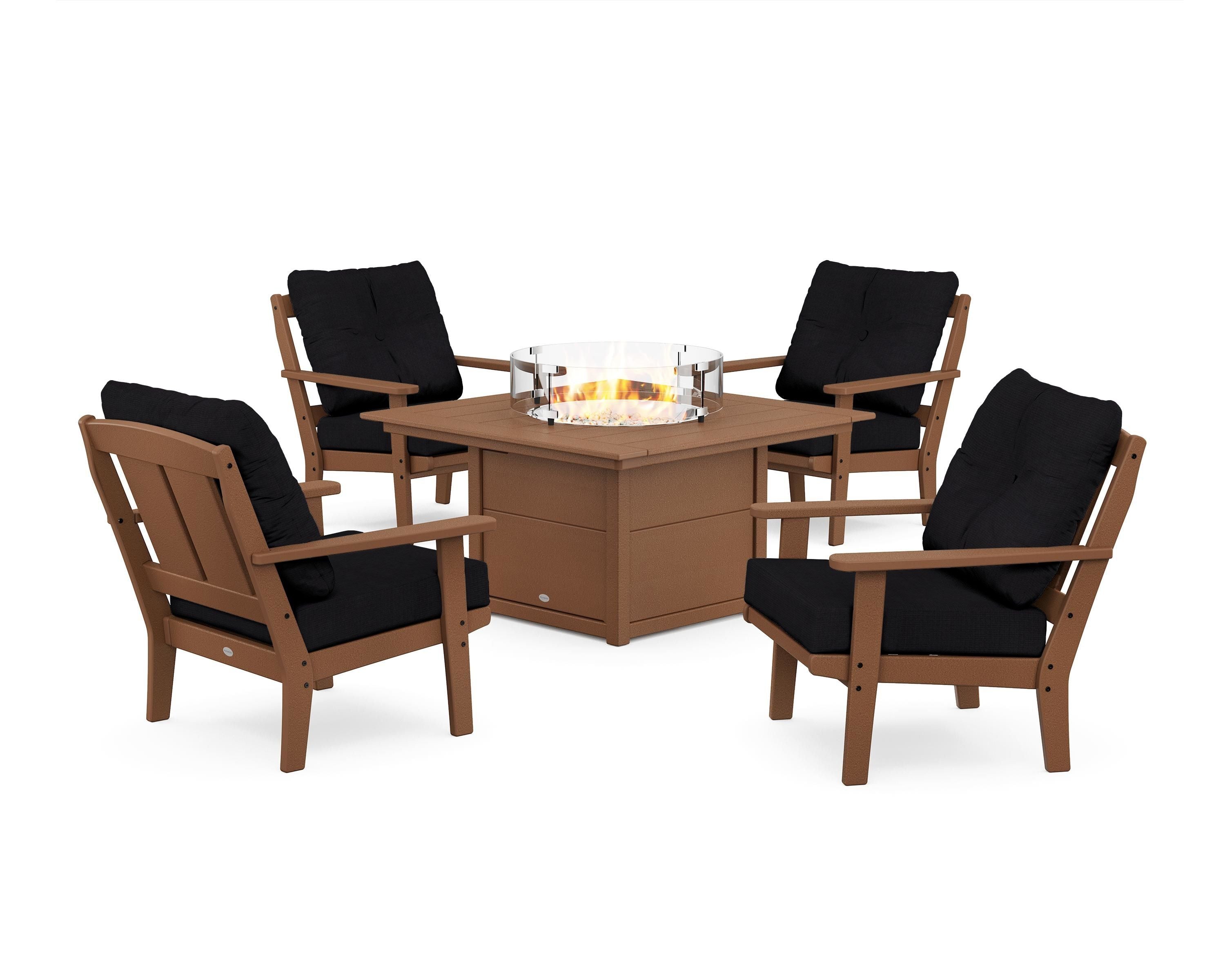 POLYWOOD® Mission 5-Piece Deep Seating Set with Fire Pit Table in Teak / Midnight Linen