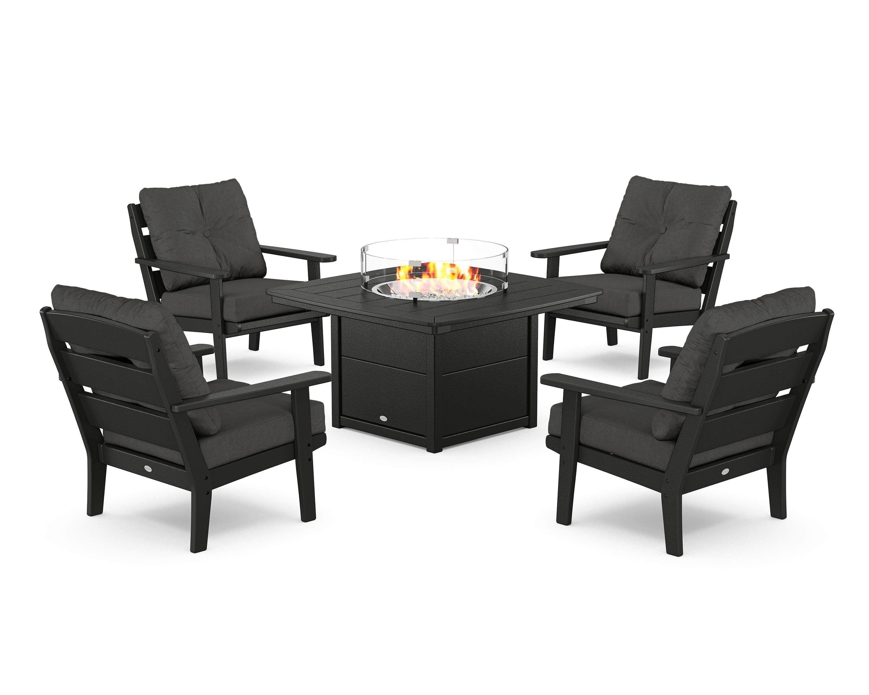 POLYWOOD® Lakeside 5-Piece Deep Seating Set with Nautical Fire Pit Table in Black / Spectrum Carbon