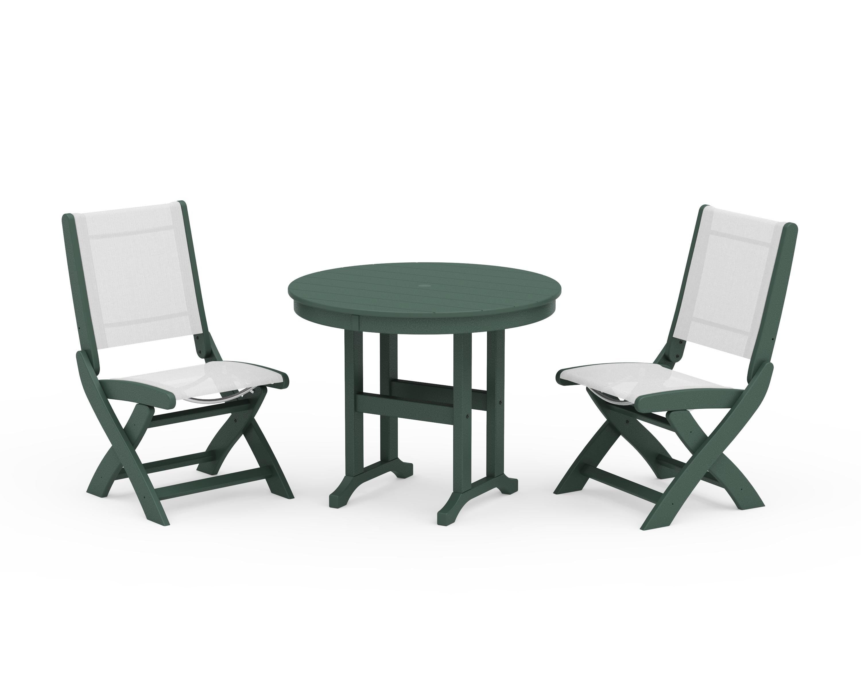POLYWOOD® Coastal Folding Side Chair 3-Piece Round Dining Set in Green / White Sling