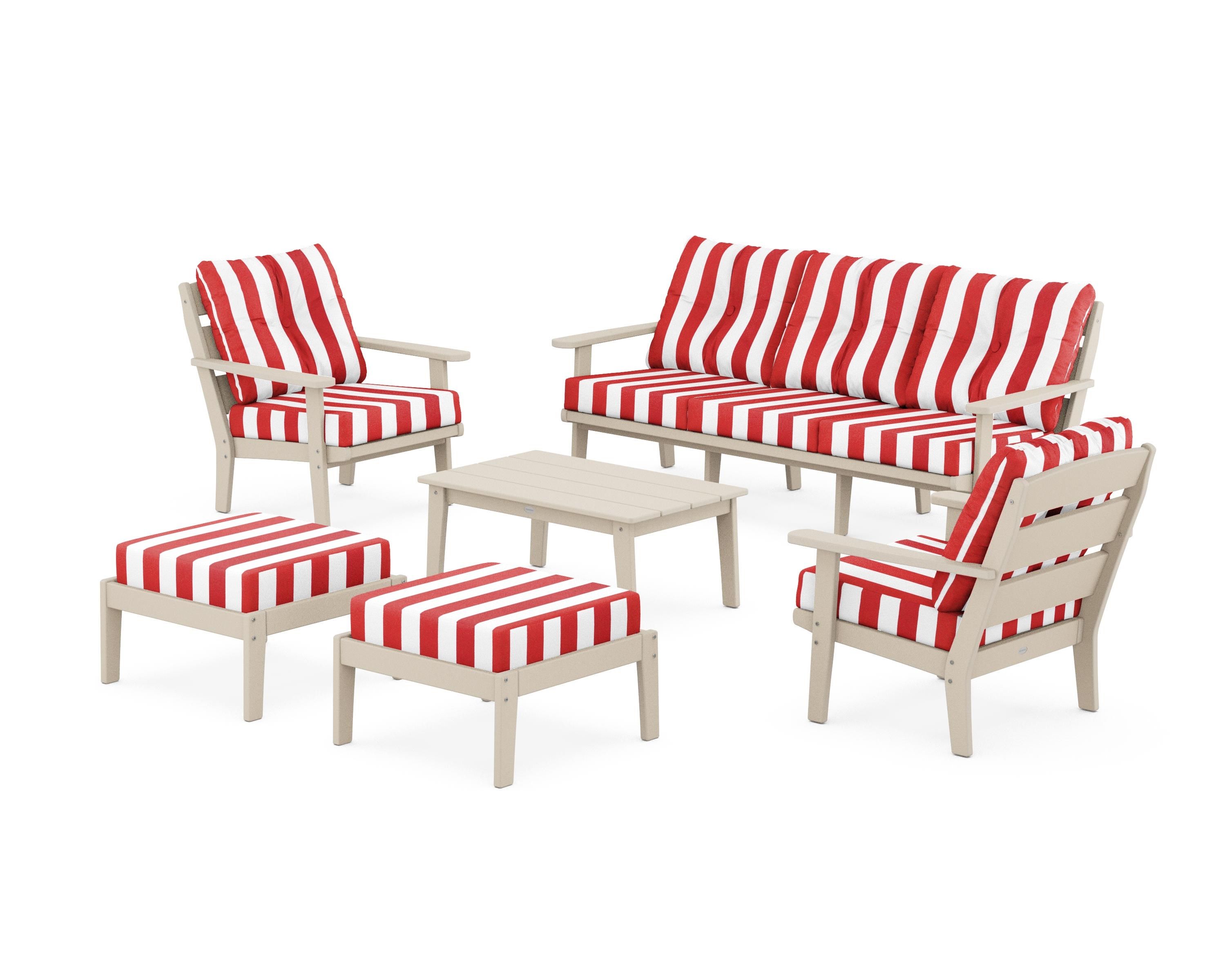 POLYWOOD® Lakeside 6-Piece Lounge Sofa Set in Sand / Cabana Stripe Crimson