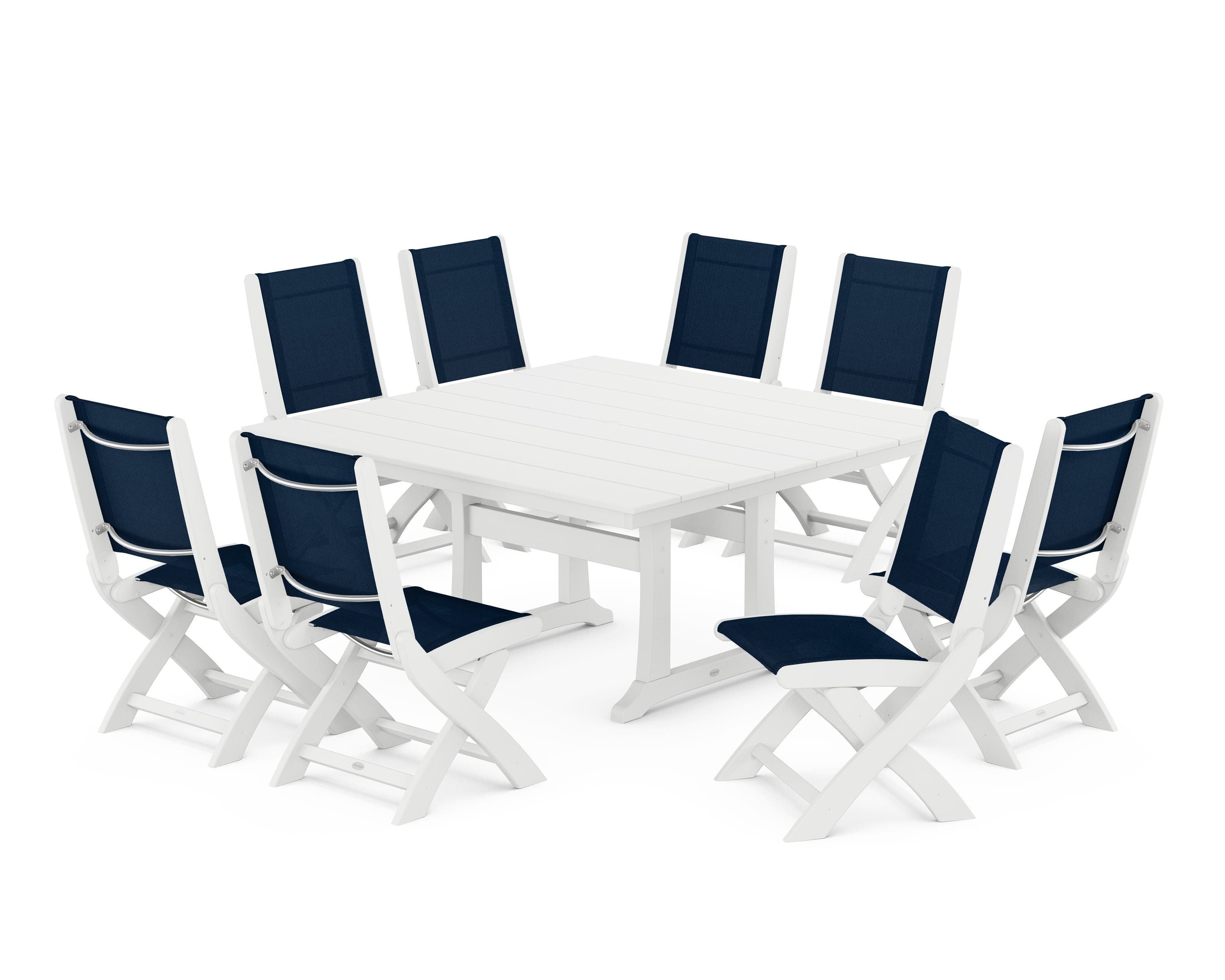 POLYWOOD® Coastal Folding Side Chair 9-Piece Farmhouse Dining Set in White / Navy Blue Sling