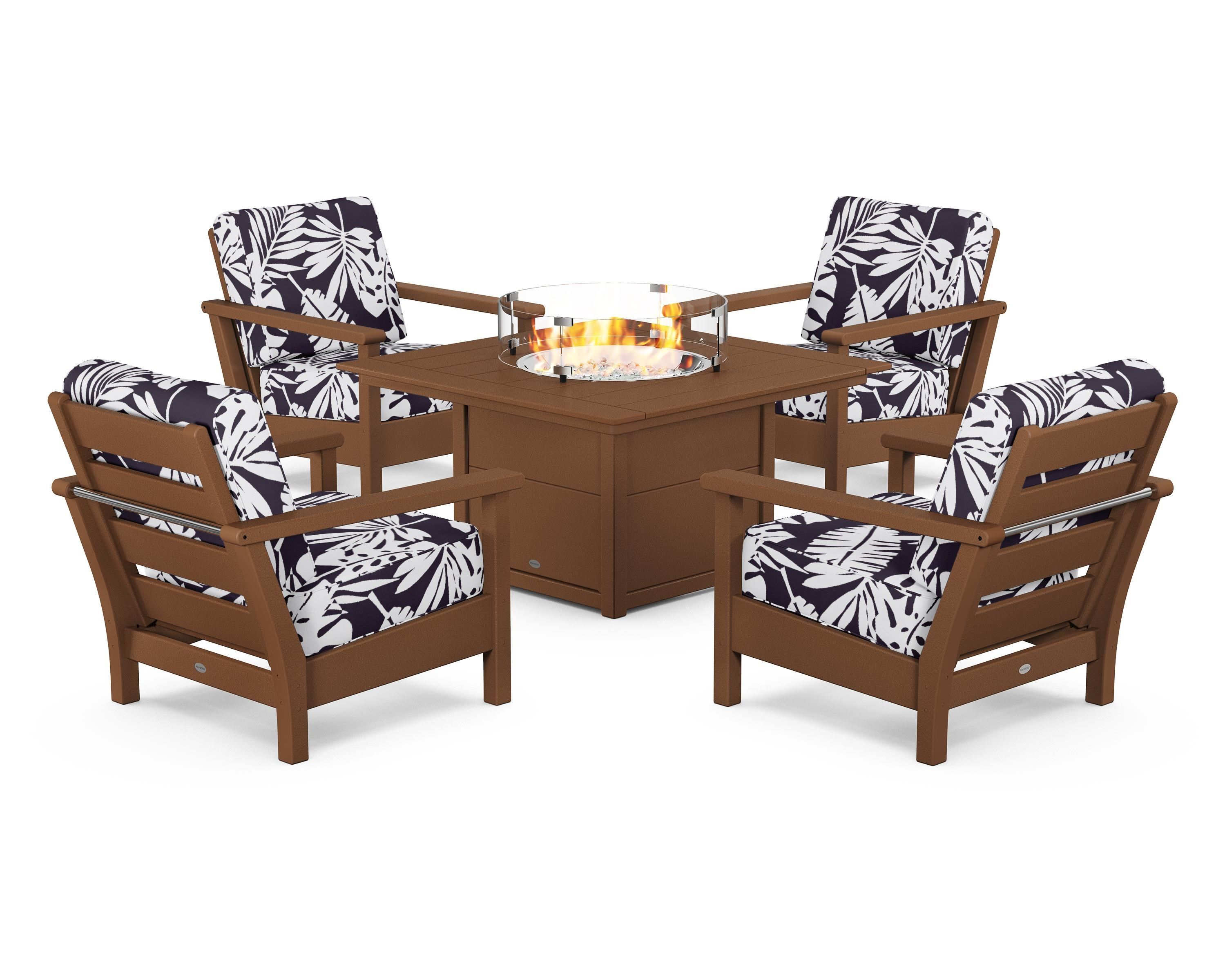 POLYWOOD® Harbour 5-Piece Conversation Set with Fire Pit Table in Teak / Leaf Navy
