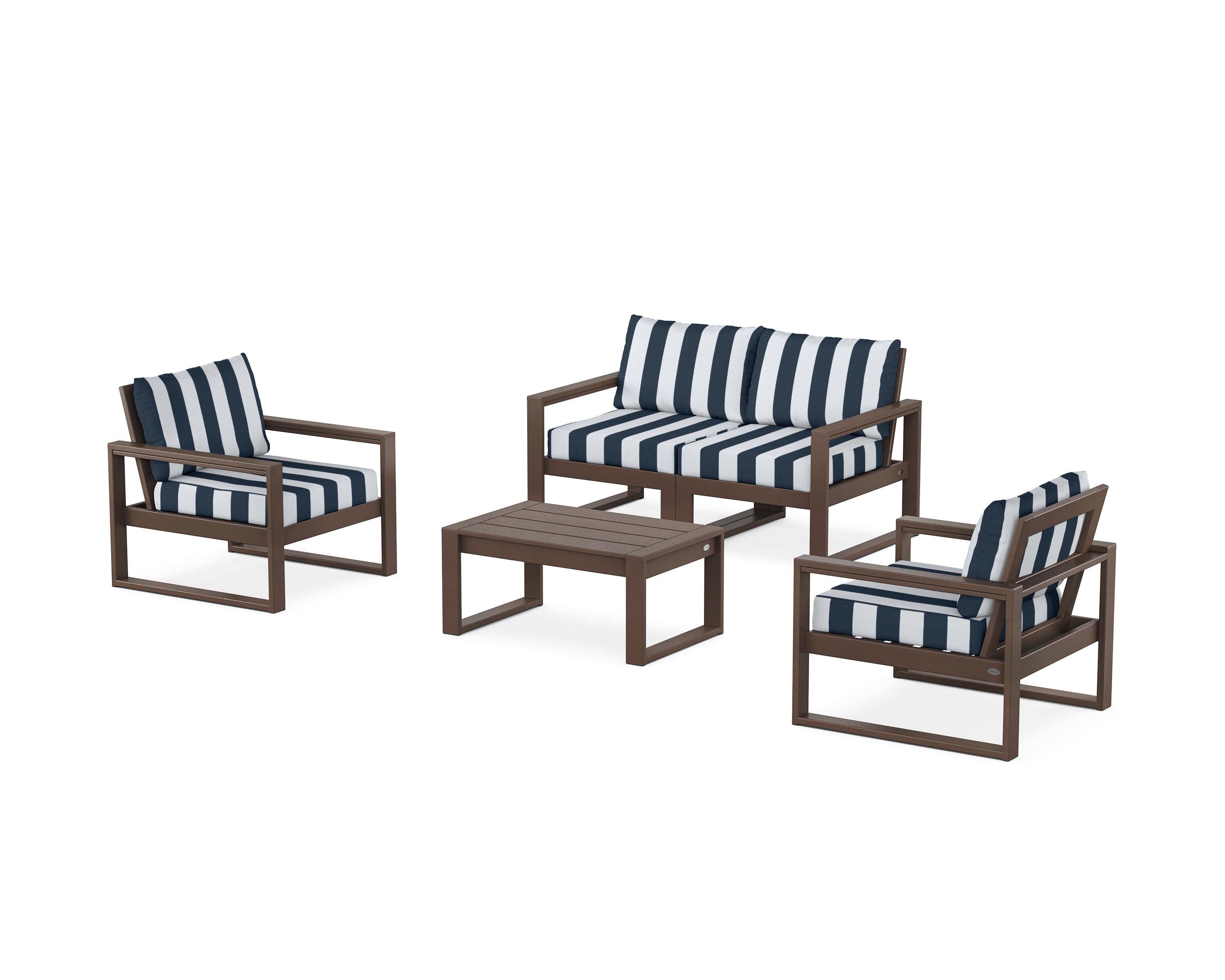 POLYWOOD® EDGE Sectional 4-Piece Deep Seating Set with Loveseat in Mahogany / Cabana Stripe Marine Indigo