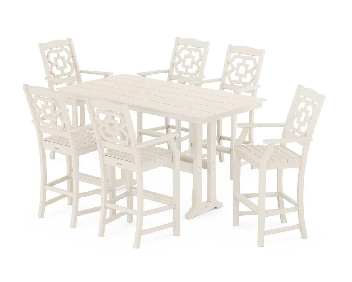 Chinoiserie Arm Chair 7-Piece Farmhouse Bar Set with Trestle Legs