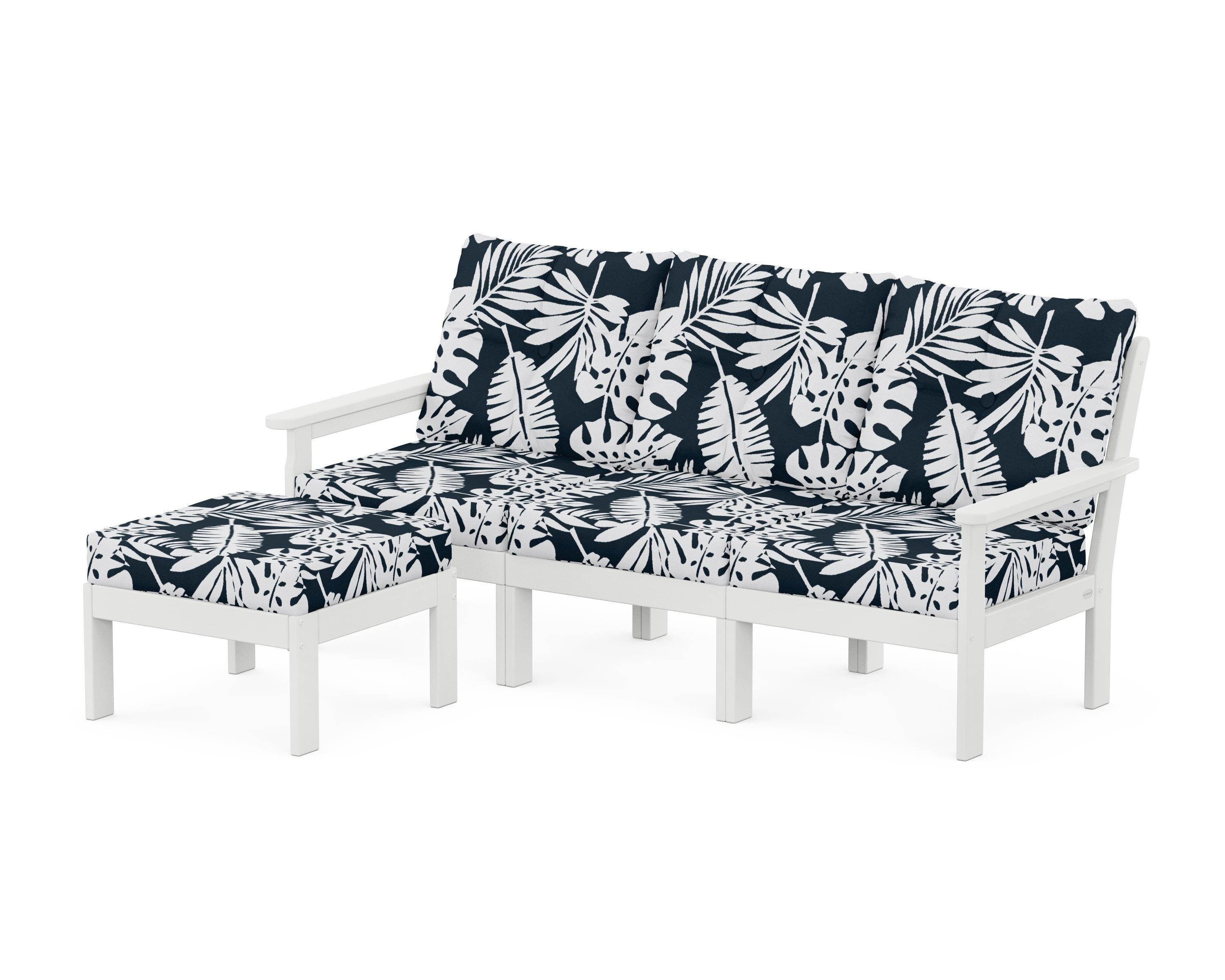 POLYWOOD® Vineyard 4-Piece Sectional with Ottoman in White / Leaf Marine Indigo