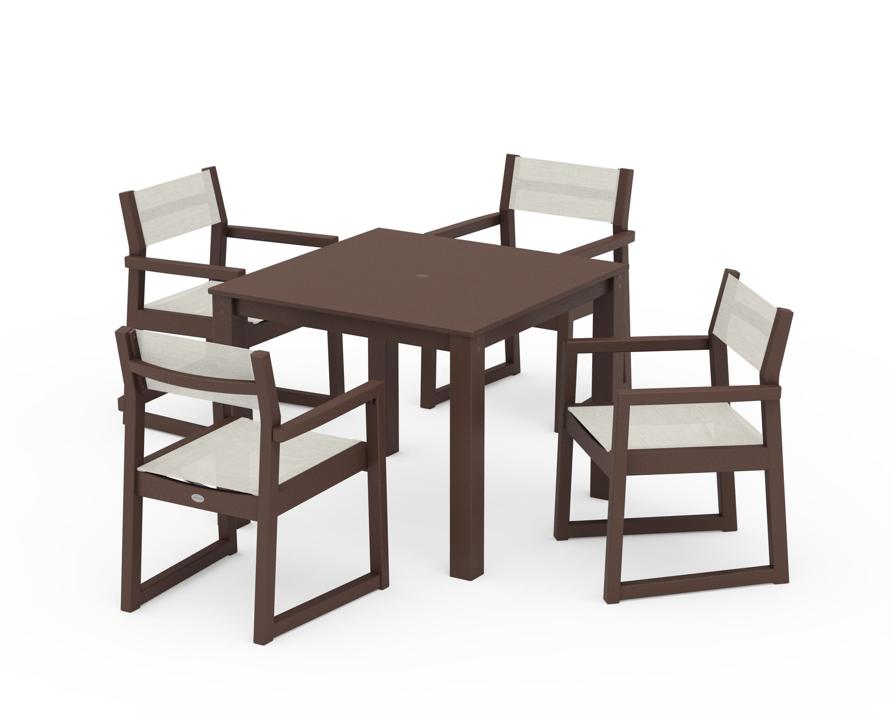 POLYWOOD® EDGE Sling Arm Chair 5-Piece Parsons Dining Set in Mahogany / Parchment Sling