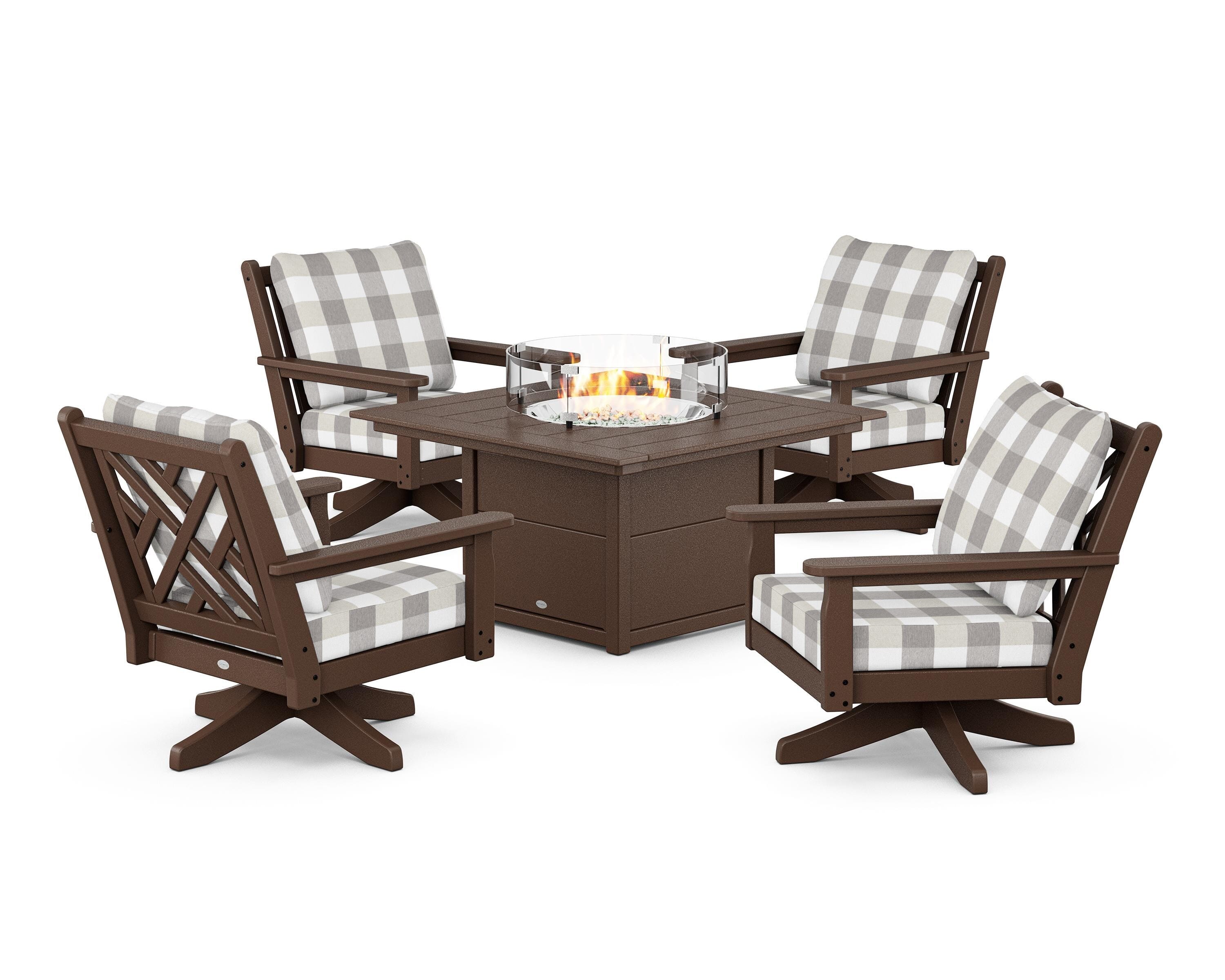 POLYWOOD® Chippendale 5-Piece Deep Seating Swivel Conversation Set with Fire Pit Table in Mahogany / Buffalo Plaid Grey Mist