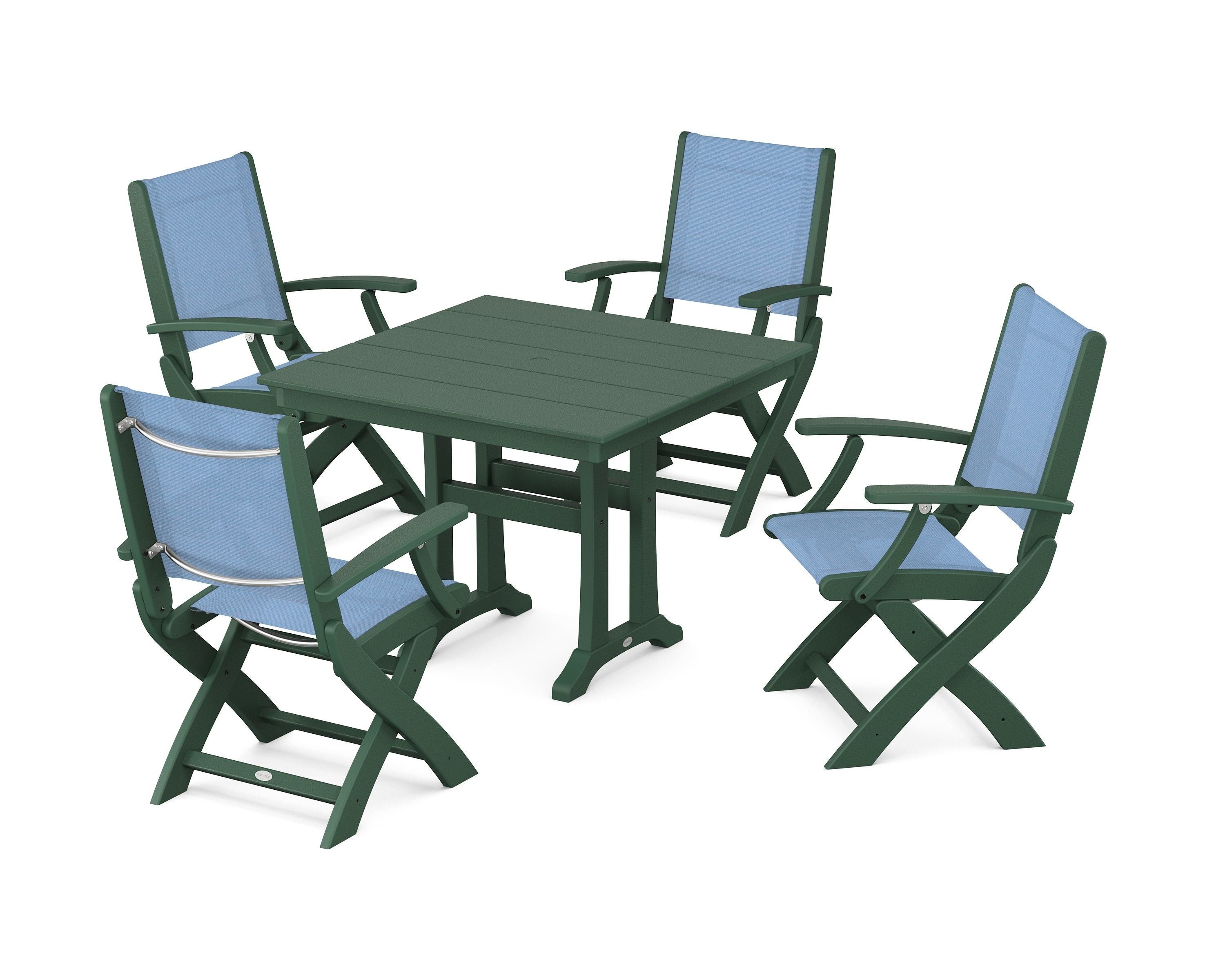 POLYWOOD® Coastal Folding Chair 5-Piece Farmhouse Dining Set With Trestle Legs in Green / Poolside Sling