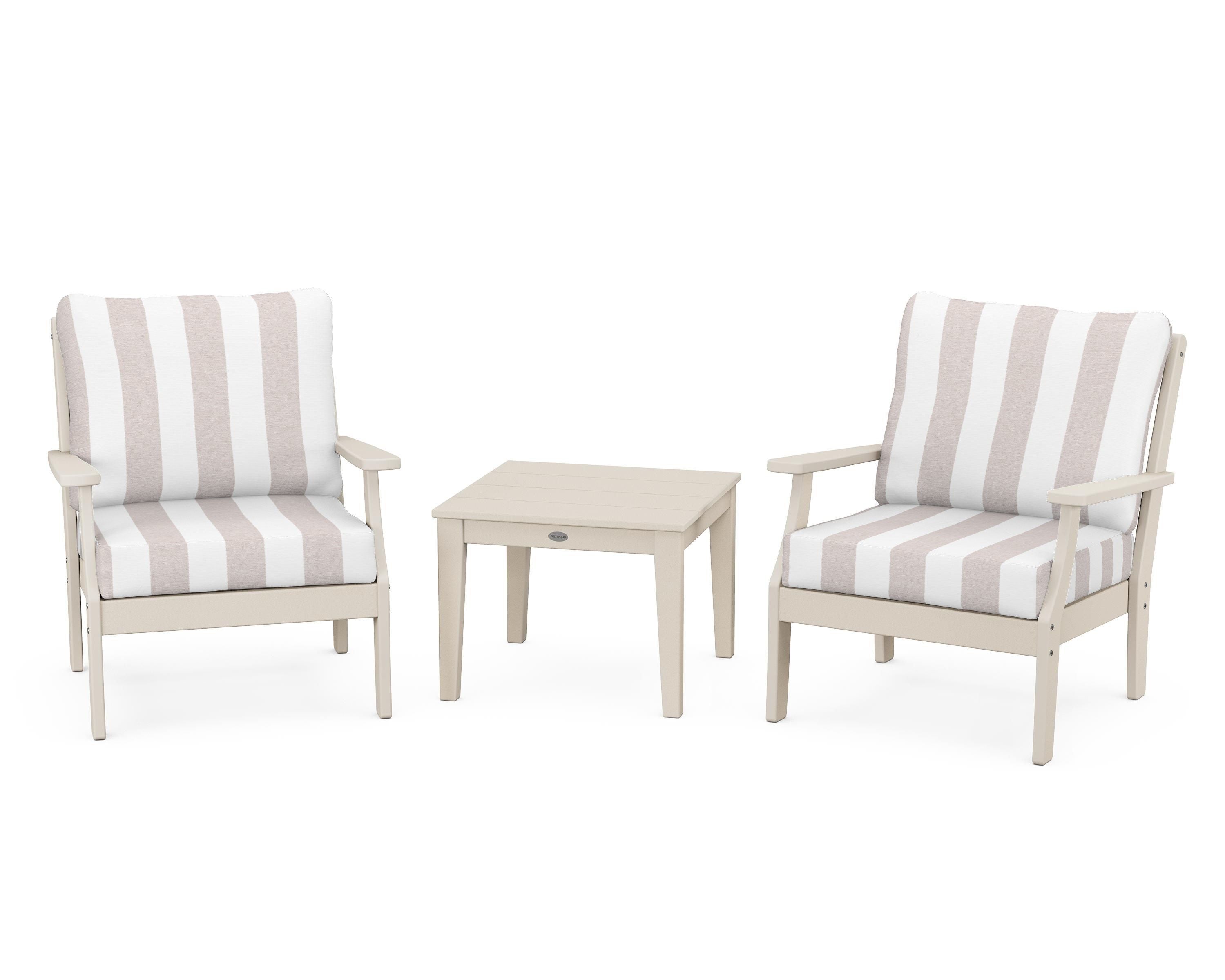 POLYWOOD® Braxton 3-Piece Deep Seating Set in Sand / Cabana Stripe Dune Burlap