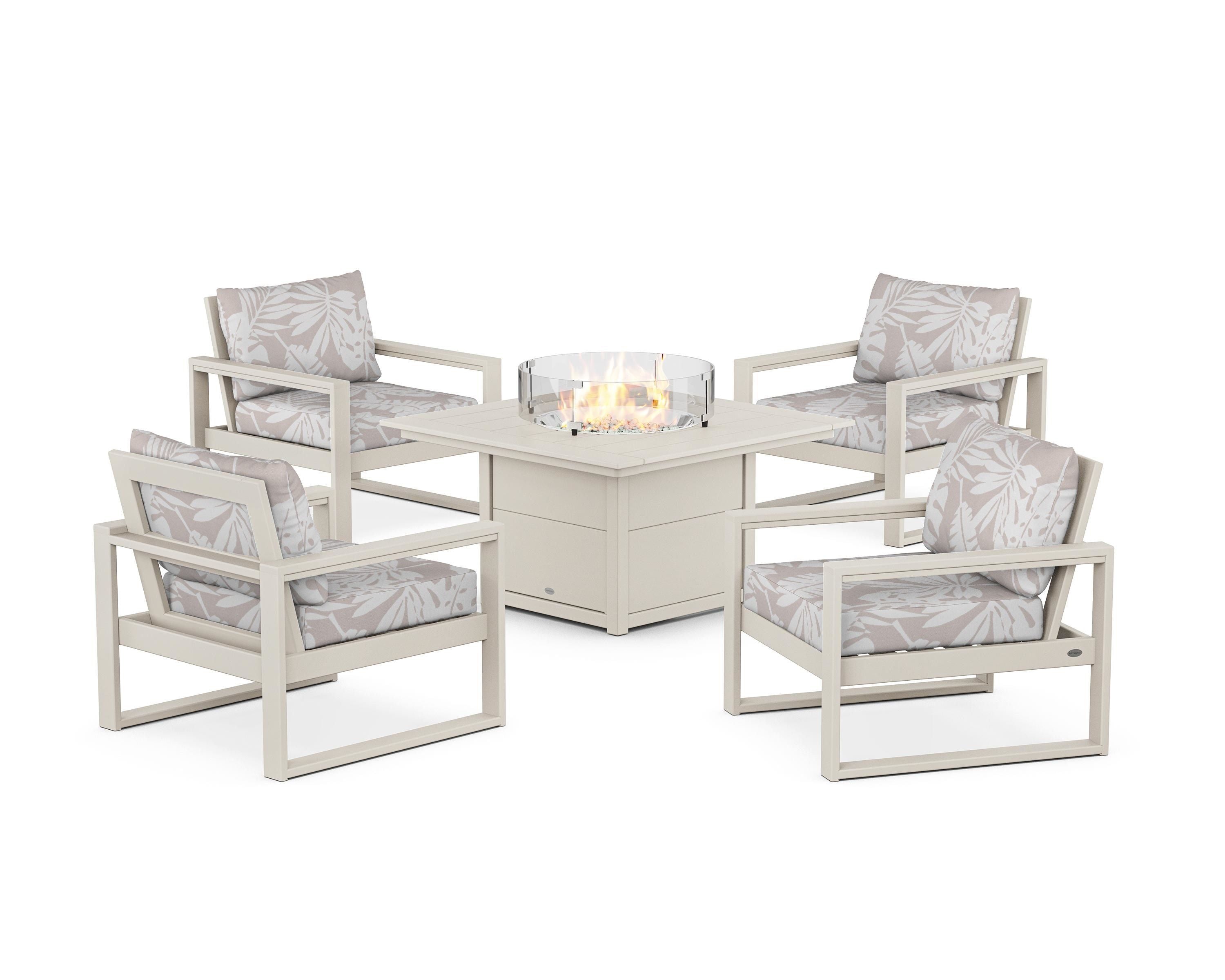 POLYWOOD® EDGE Sectional 5-Piece Deep Seating Set with Fire Pit Table in Sand / Leaf Dune Burlap