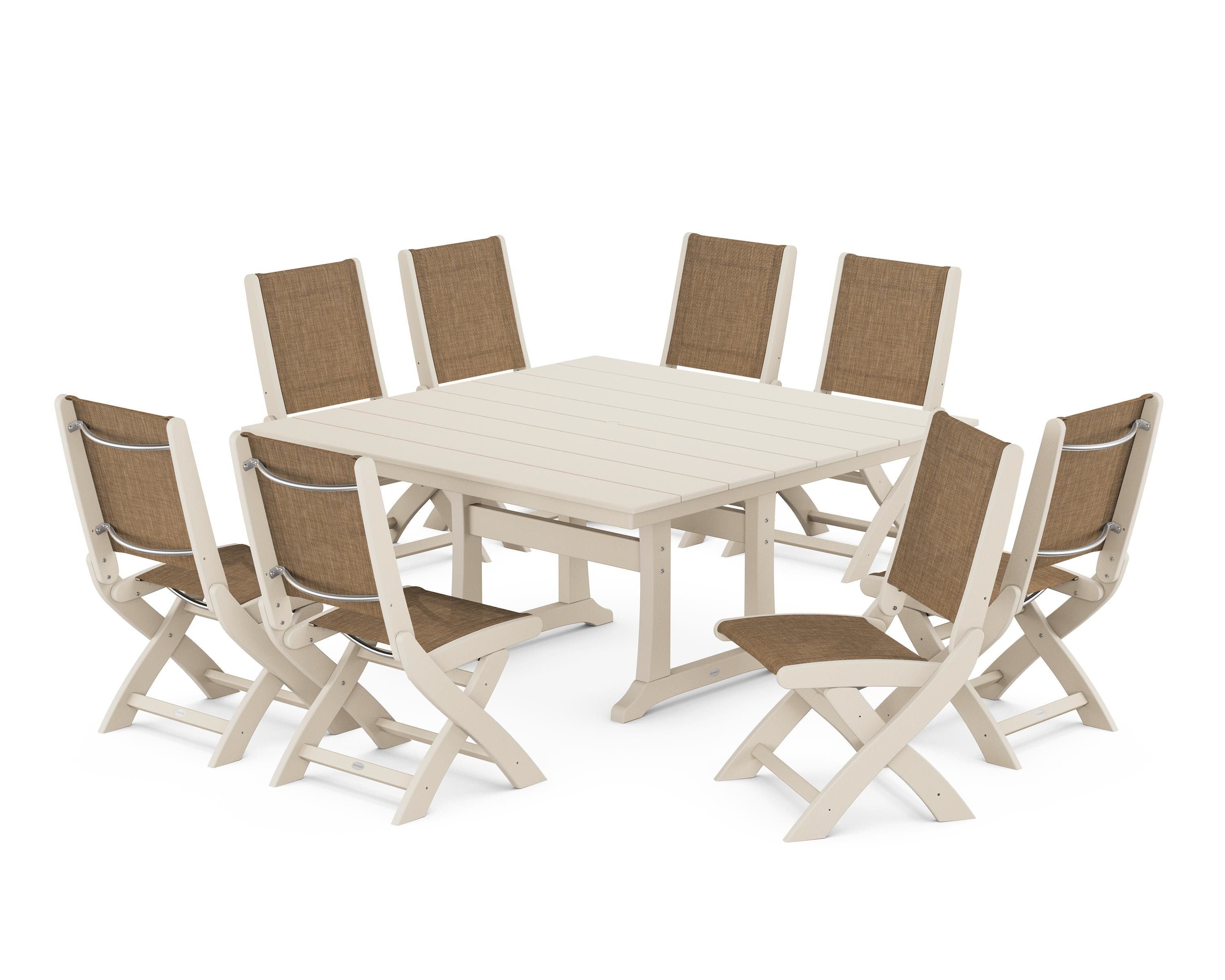 POLYWOOD® Coastal Folding Side Chair 9-Piece Farmhouse Dining Set in Sand / Burlap Sling