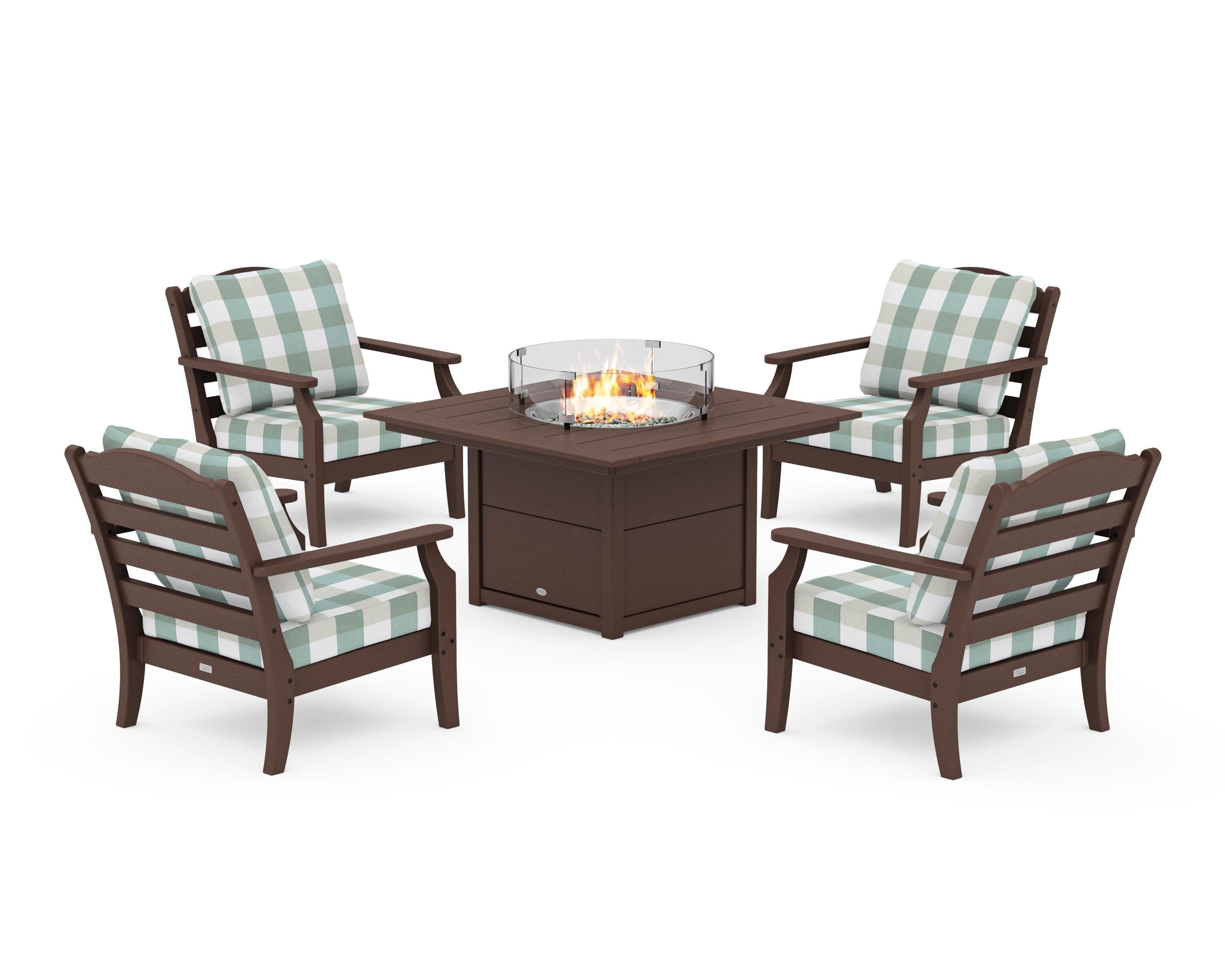Draper James™ by POLYWOOD® Savannah 5-Piece Deep Seating Set with Fire Pit Table in Mahogany / Buffalo Plaid Glacier Spa