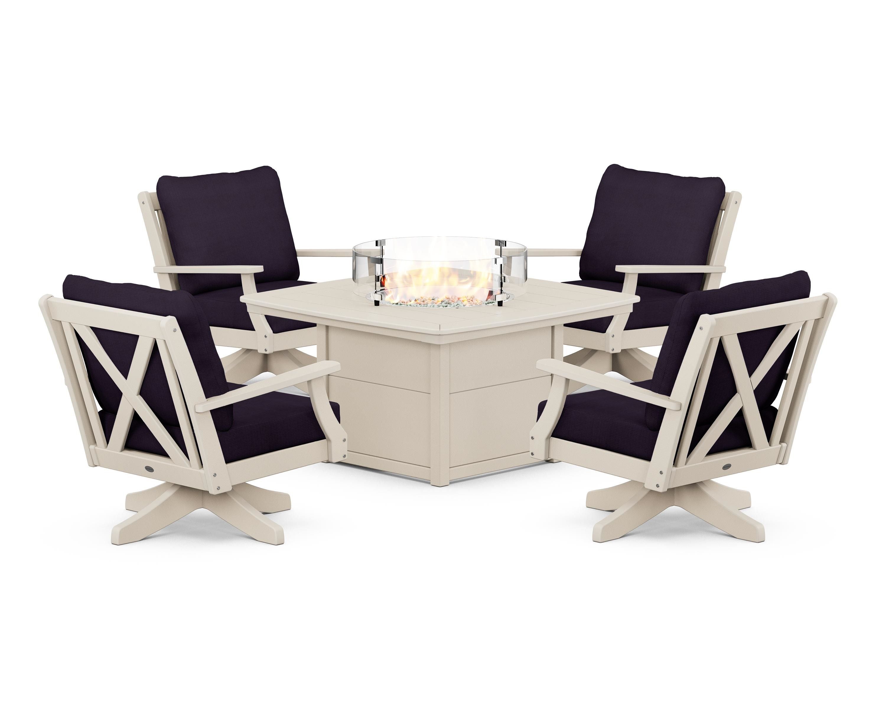POLYWOOD® Braxton 5-Piece Deep Seating Swivel Conversation Set with Fire Pit Table in Sand / Navy Linen