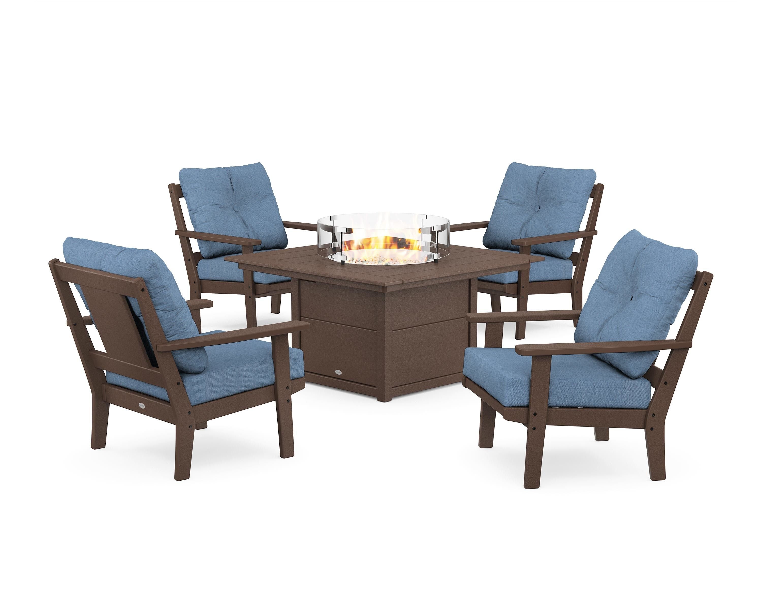 POLYWOOD® Prairie 5-Piece Deep Seating Set with Fire Pit Table in Mahogany / Sky Blue