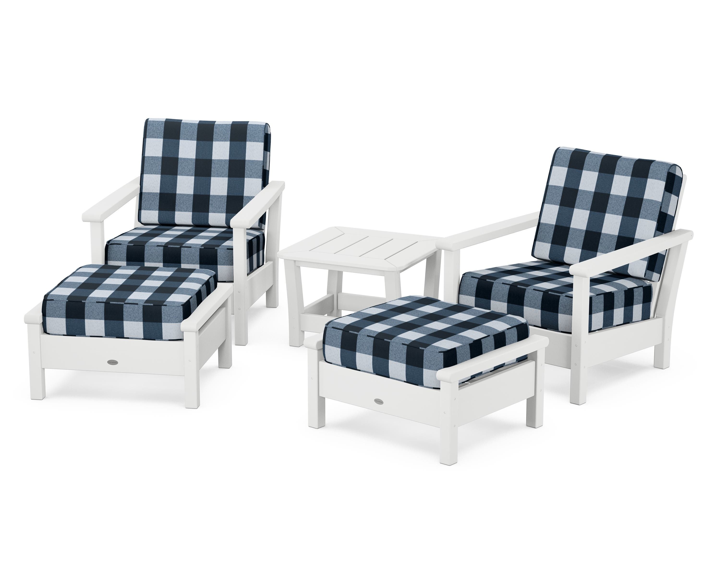 POLYWOOD® Harbour 5-Piece Deep Seating Chair Set in White / Buffalo Plaid Marine Indigo