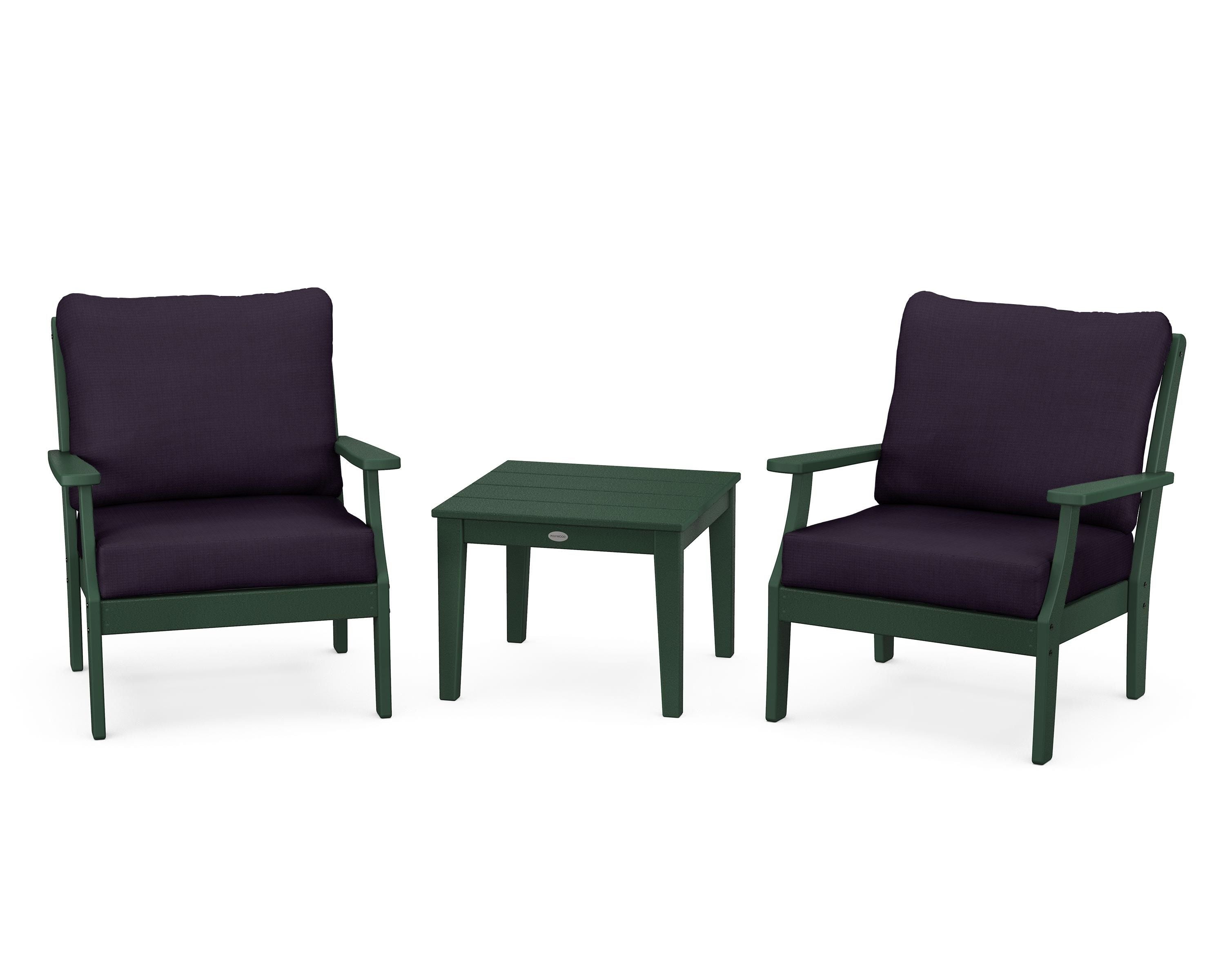 POLYWOOD® Braxton 3-Piece Deep Seating Set in Green / Navy Linen