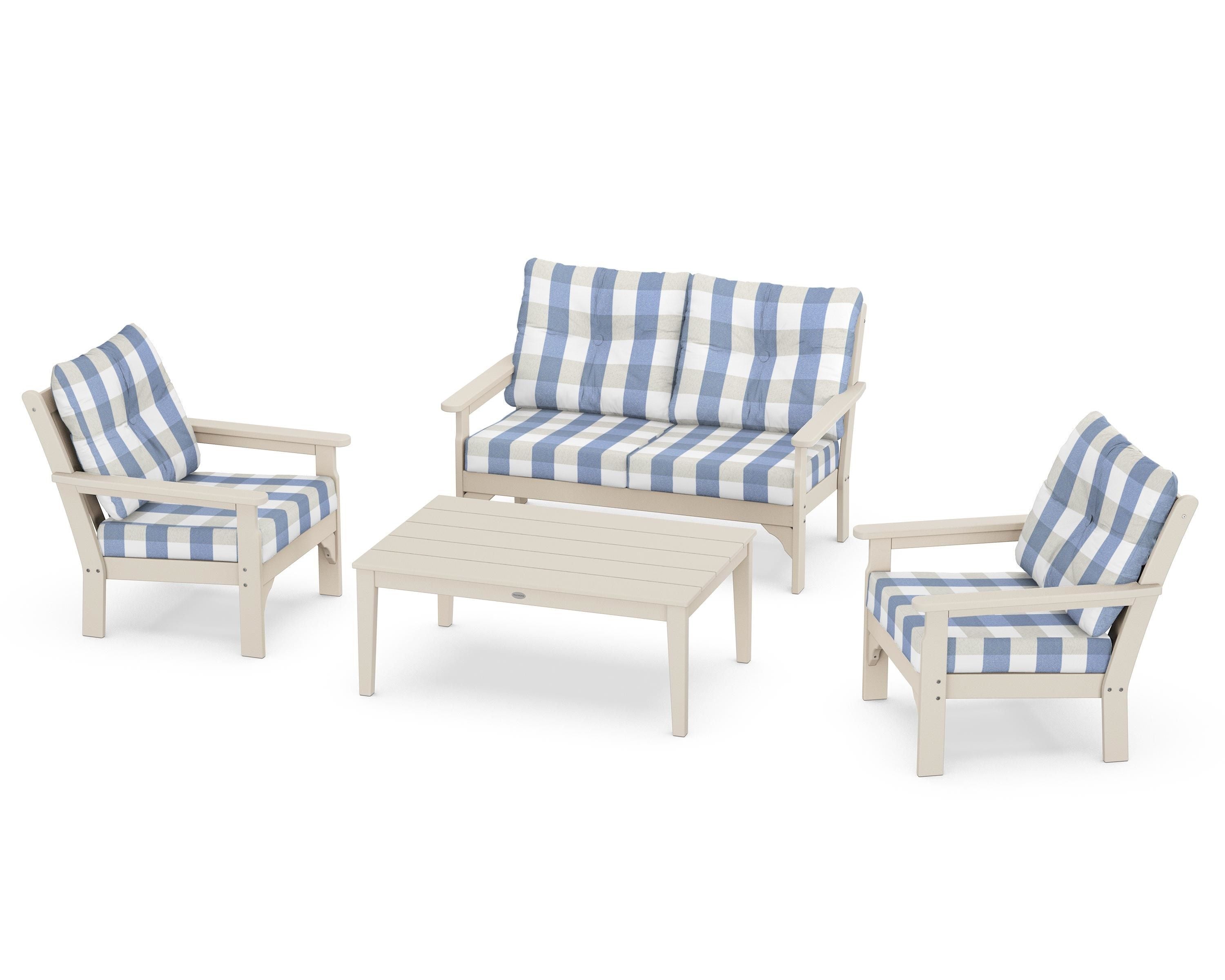 POLYWOOD® Vineyard 4-Piece Deep Seating Set in Sand / Buffalo Plaid Sky Blue