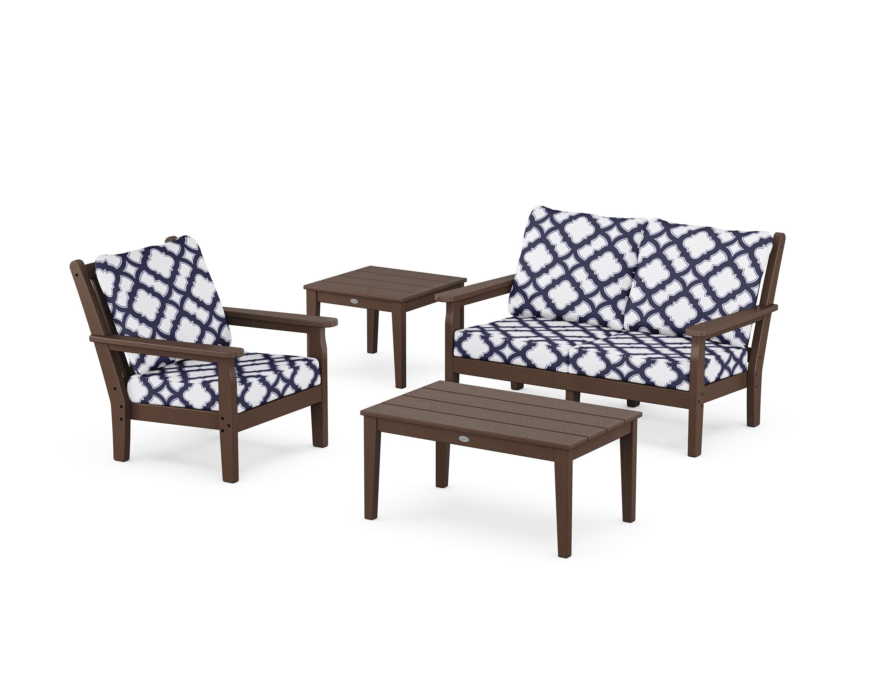 POLYWOOD® Chippendale 4-Piece Deep Seating Set in Mahogany / Trellis Navy
