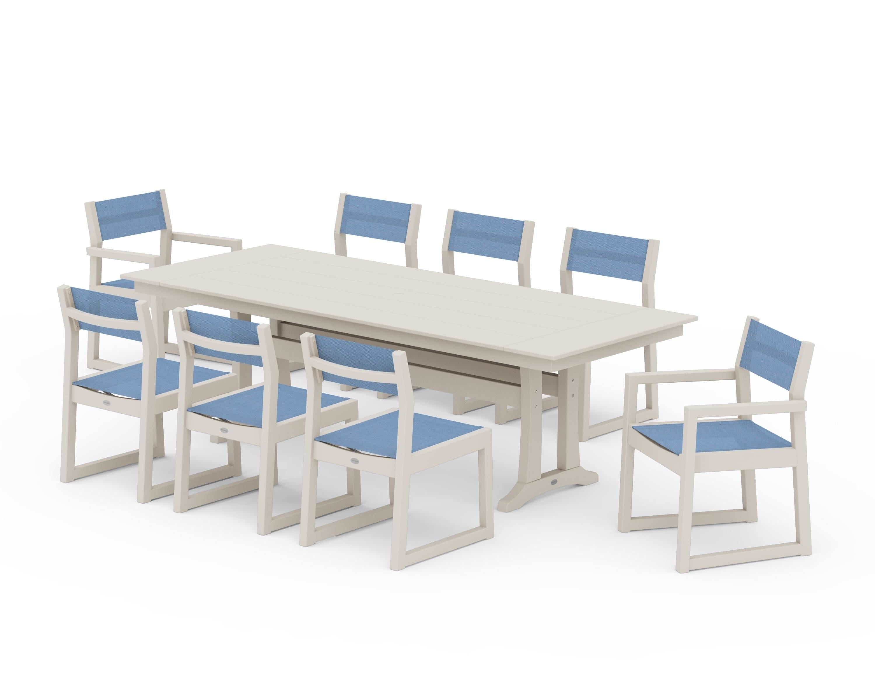 POLYWOOD® EDGE Sling 9-Piece Farmhouse Trestle Dining Set in Sand / Poolside Sling