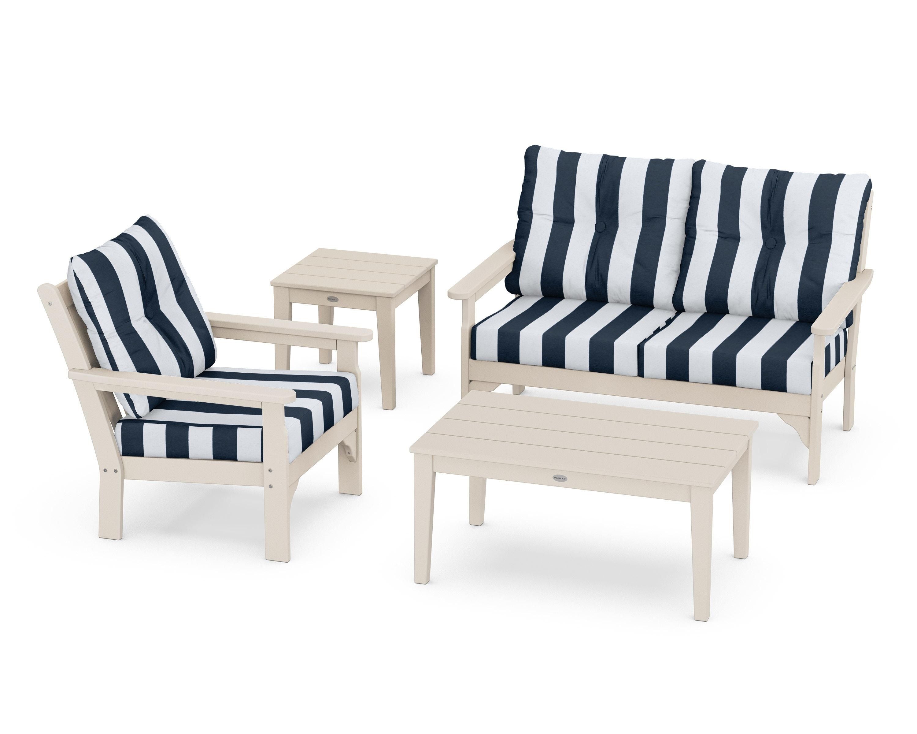 POLYWOOD® Vineyard 4-Piece Deep Seating Set in Sand / Cabana Stripe Marine Indigo