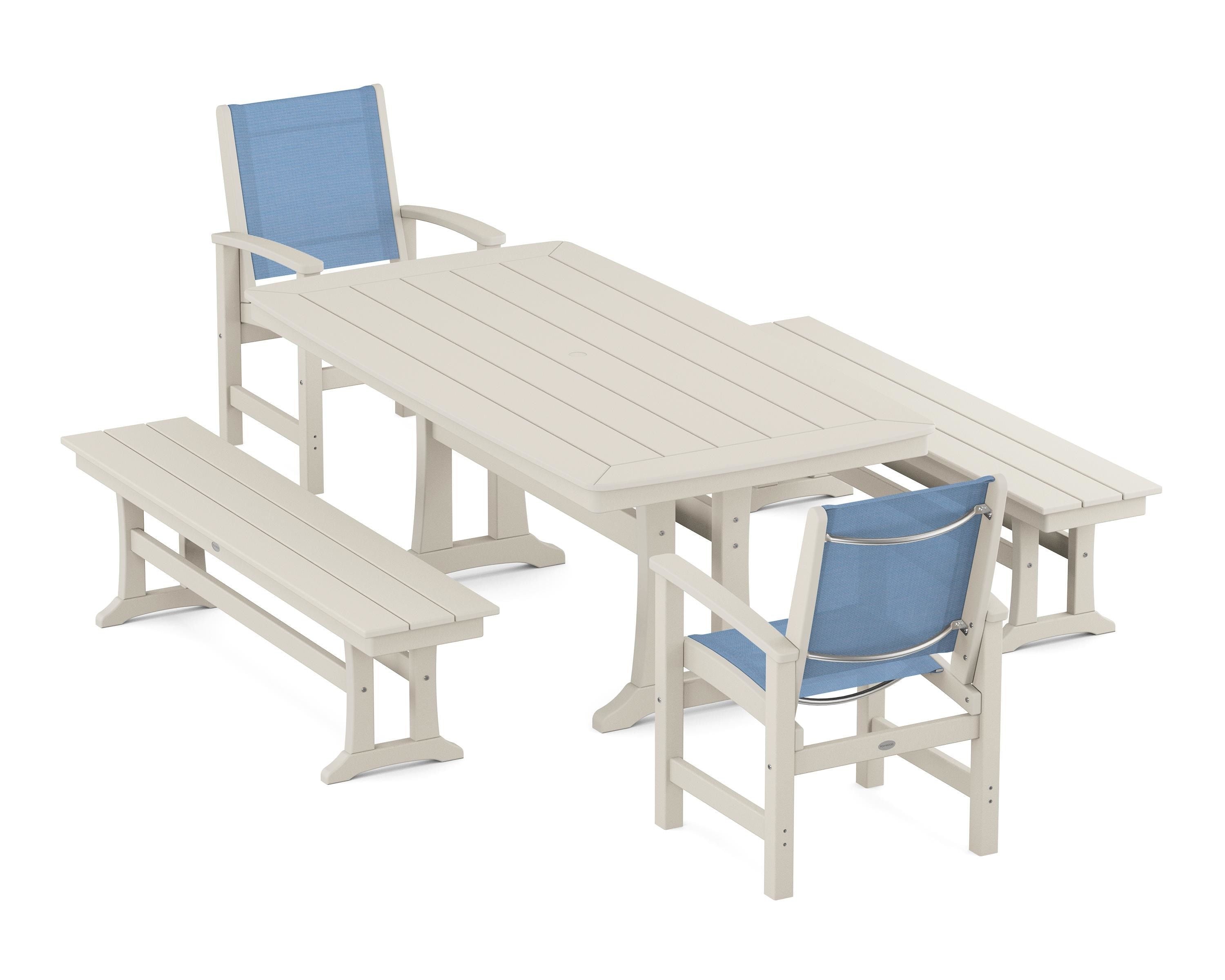 POLYWOOD® Coastal 5-Piece Dining Set with Trestle Legs and Benches in Sand / Poolside Sling