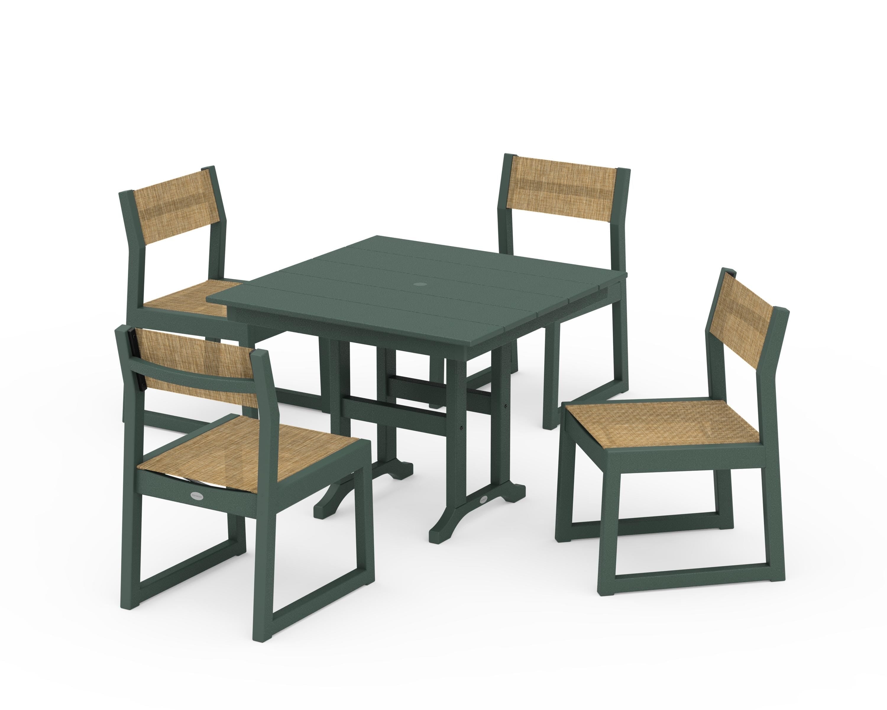 POLYWOOD® EDGE Sling Side Chair 5-Piece Farmhouse Dining Set in Green / Burlap Sling