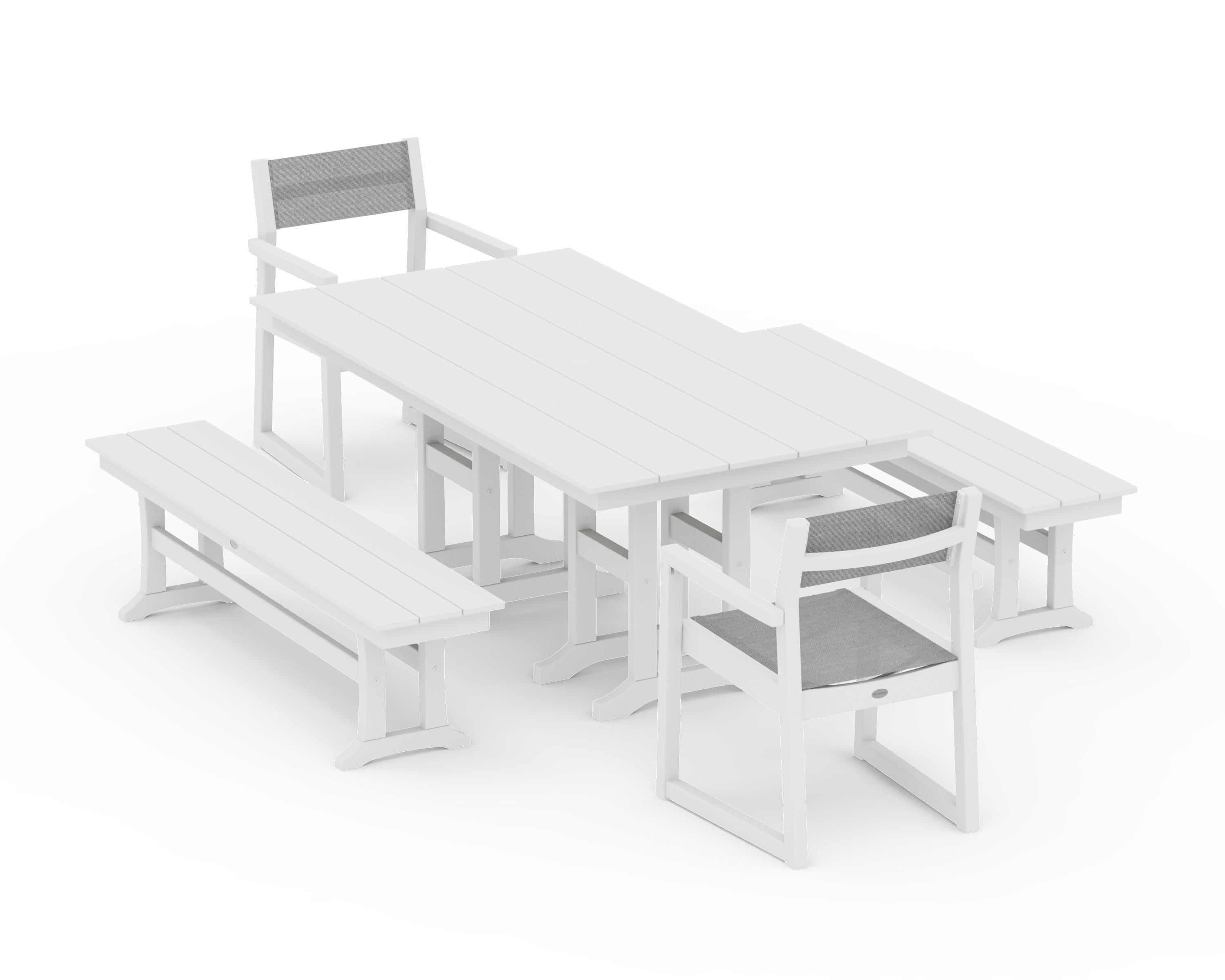 POLYWOOD® EDGE Sling Arm Chair 5-Piece Farmhouse Dining Set with Benches in White / Metallic Sling