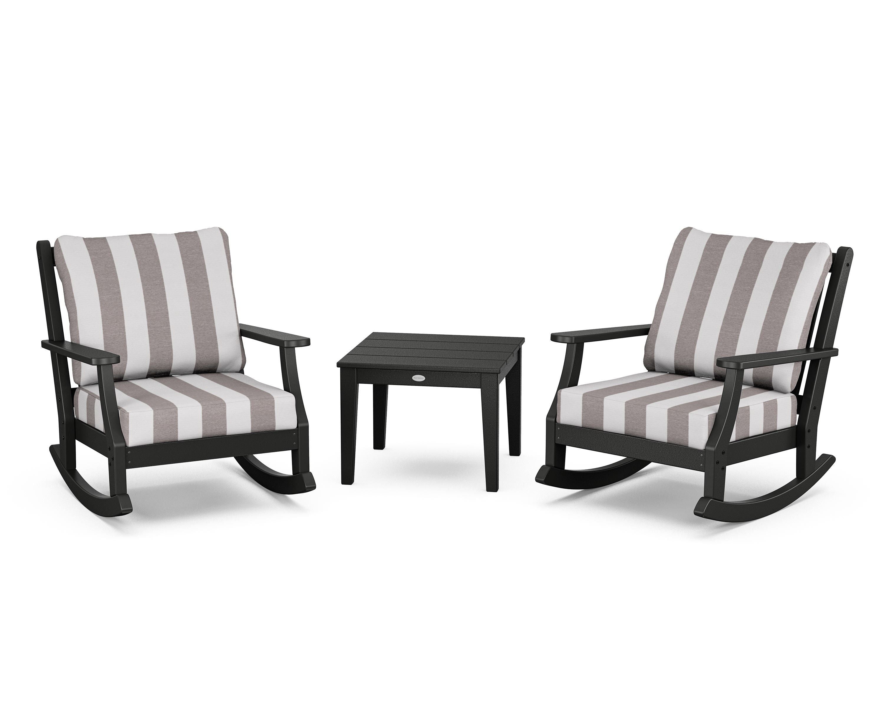 Country Living Wovendale 3-Piece Deep Seating Rocker Set in Black / Cabana Stripe Grey Mist