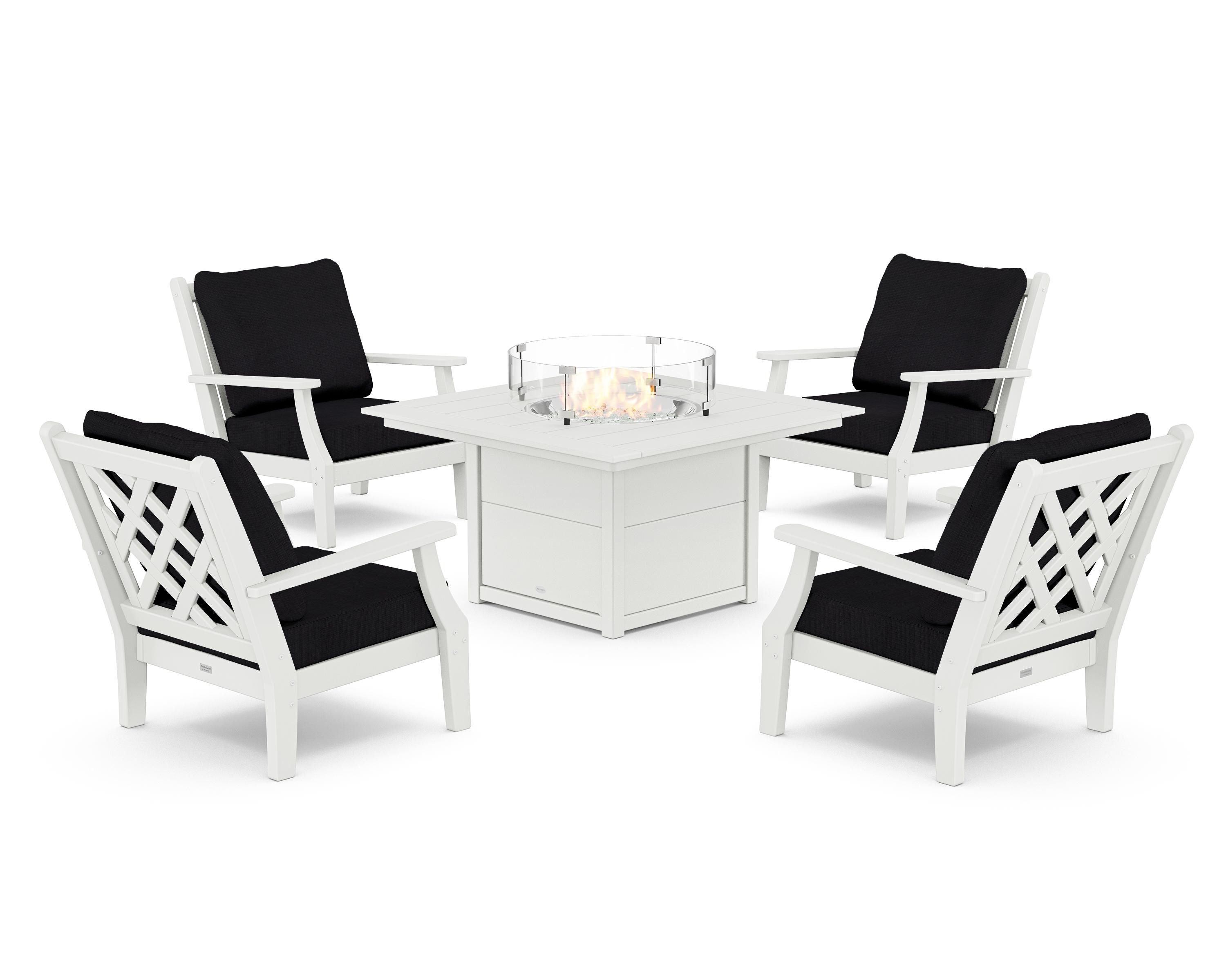 Country Living Wovendale 5-Piece Deep Seating Set with Fire Pit Table in White / Midnight Linen