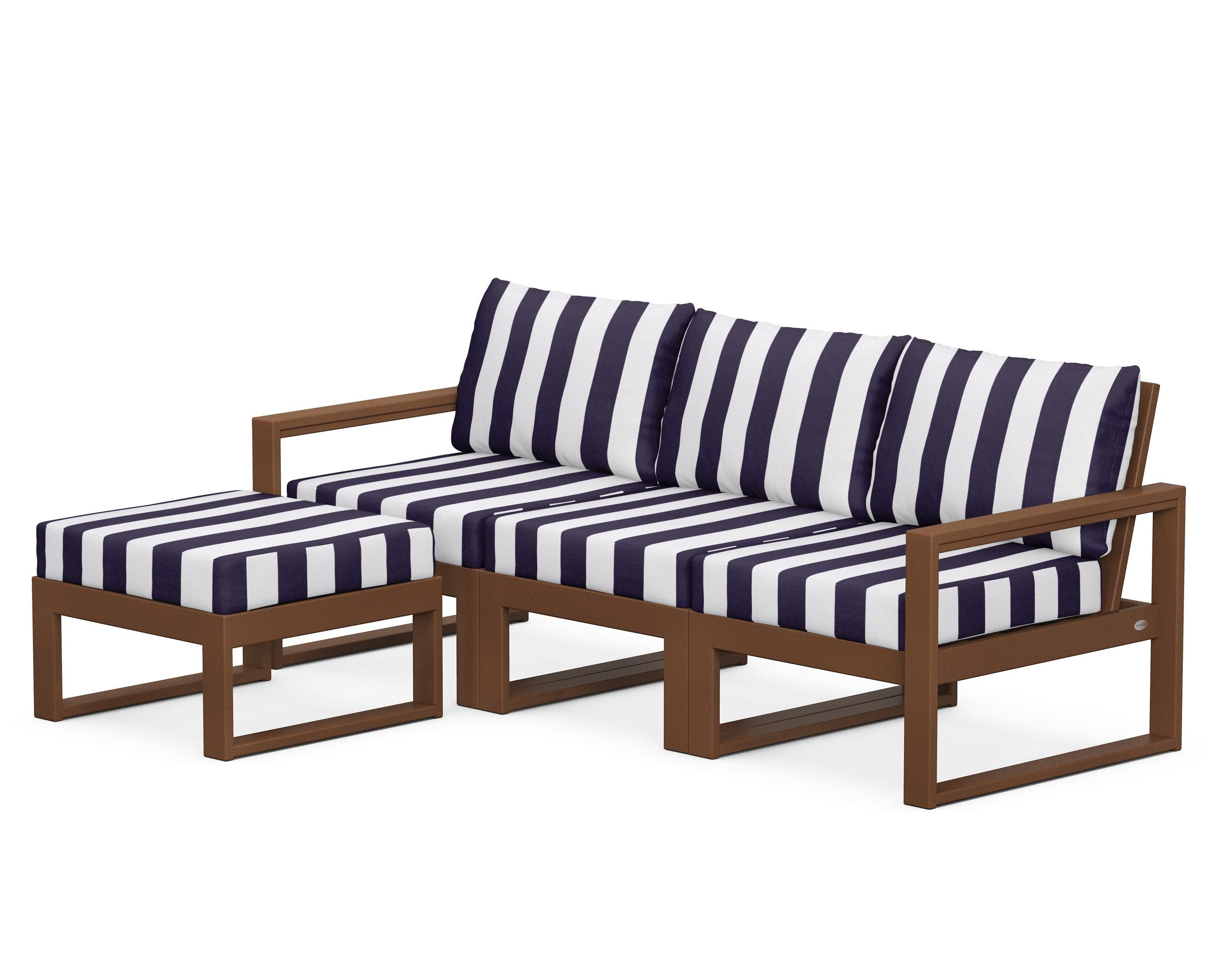 POLYWOOD® EDGE 4-Piece Modular Deep Seating Set with Ottoman in Teak / Cabana Stripe Navy