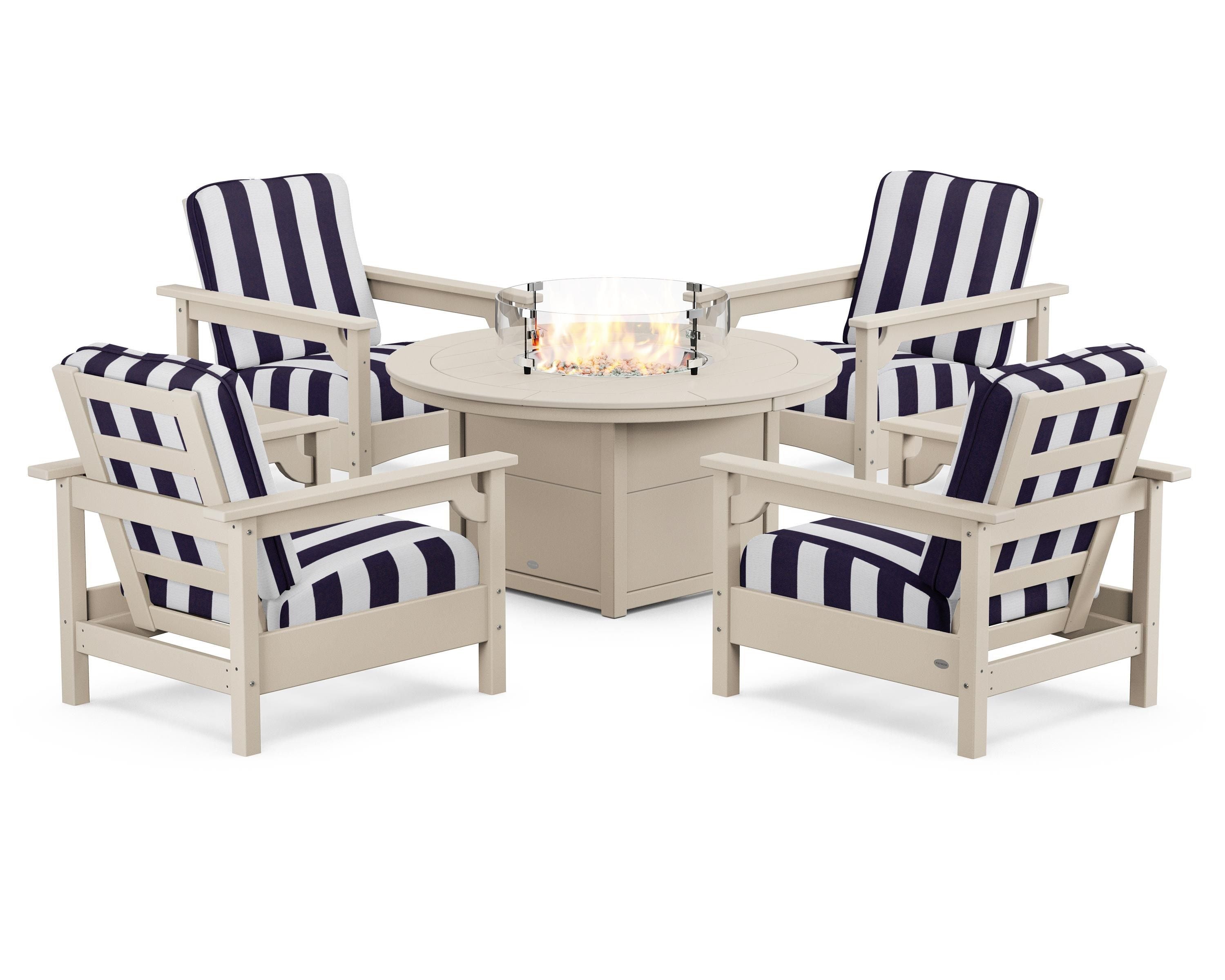 POLYWOOD® Club 5-Piece Conversation Set with Fire Pit Table in Sand / Cabana Stripe Navy