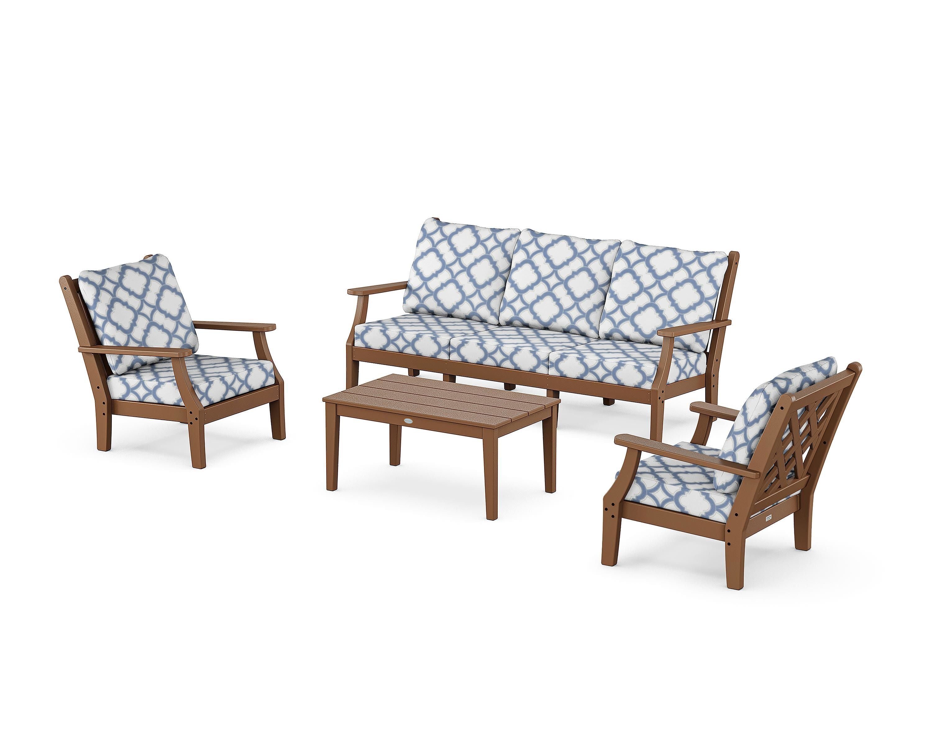 Country Living Wovendale 4-Piece Deep Seating Set with Sofa in Teak / Trellis Sky Blue