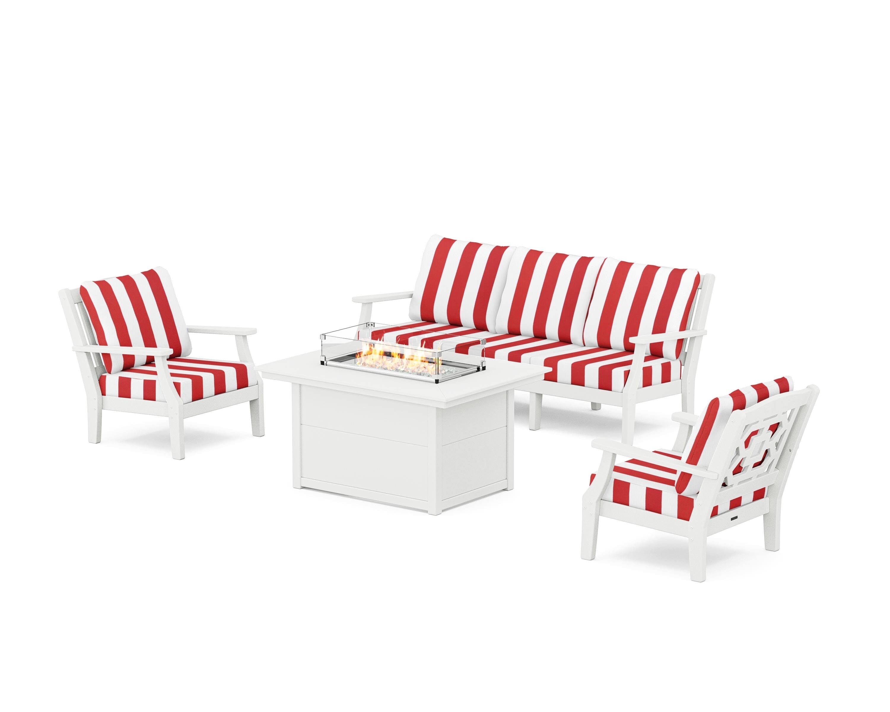 Martha Stewart by POLYWOOD® Chinoiserie Deep Seating Fire Pit Table Set in White / Cabana Stripe Crimson