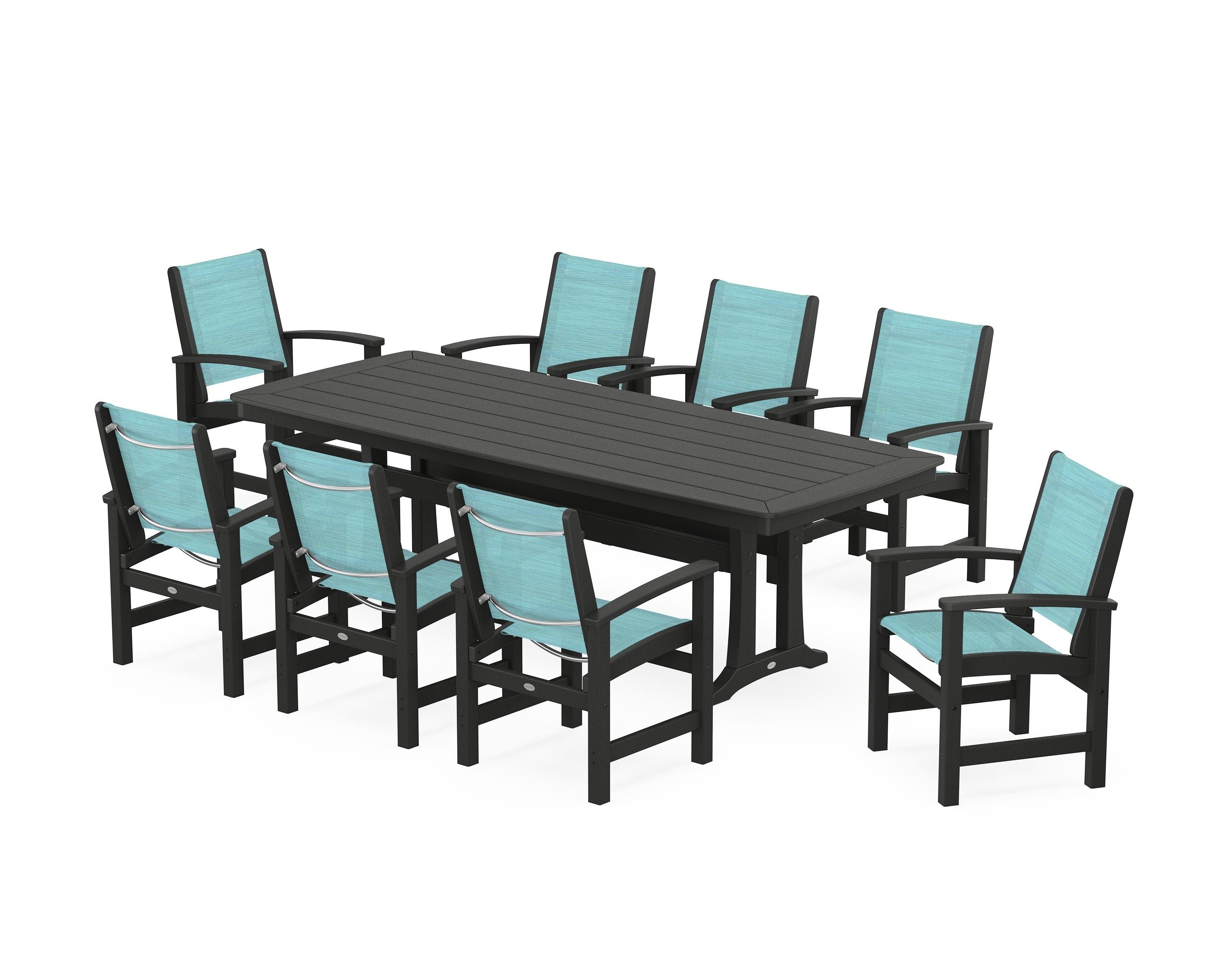 POLYWOOD® Coastal 9-Piece Dining Set with Trestle Legs in Black / Dupioni Aquamarine Sling