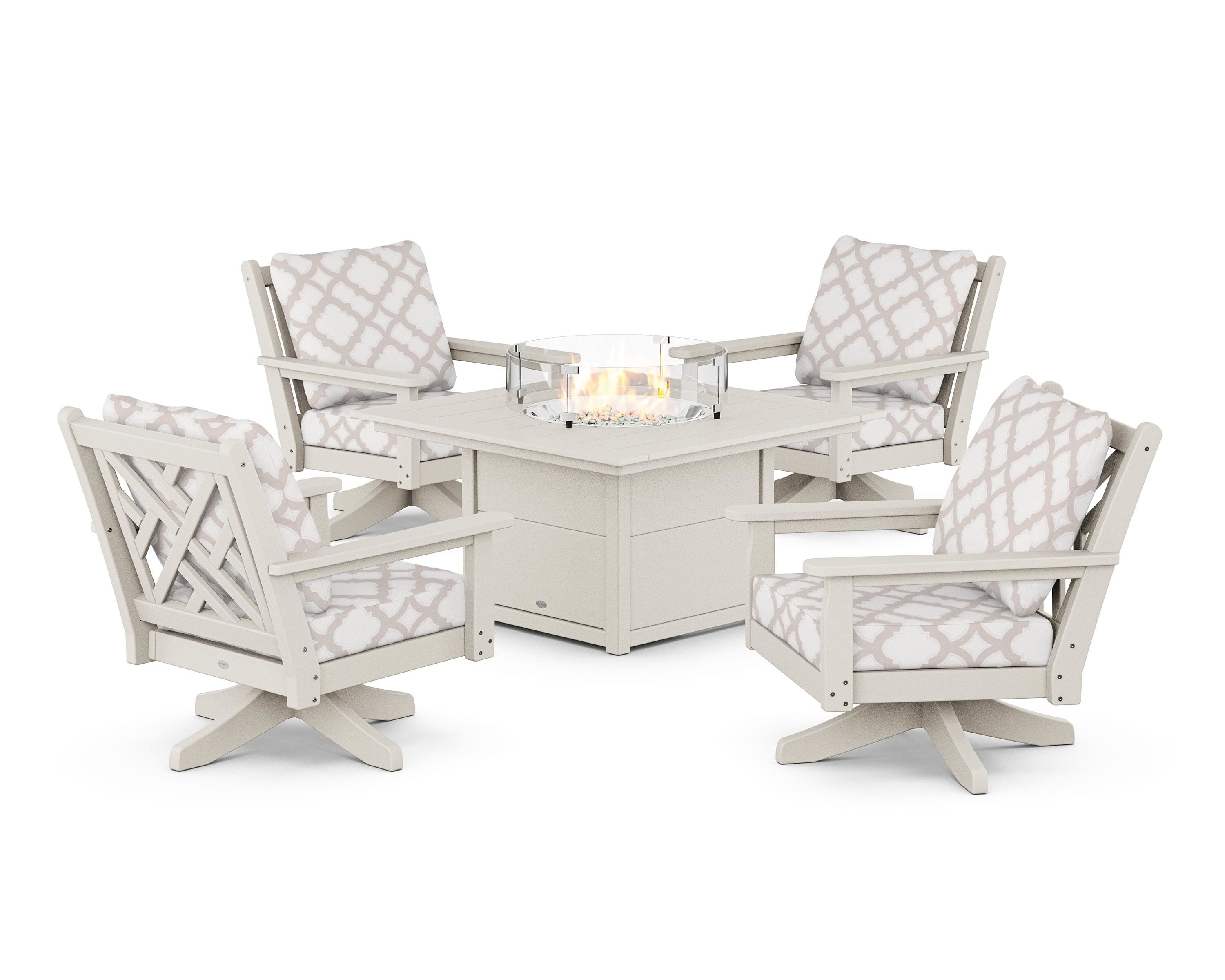 POLYWOOD® Chippendale 5-Piece Deep Seating Swivel Conversation Set with Fire Pit Table in Sand / Trellis Dune Burlap
