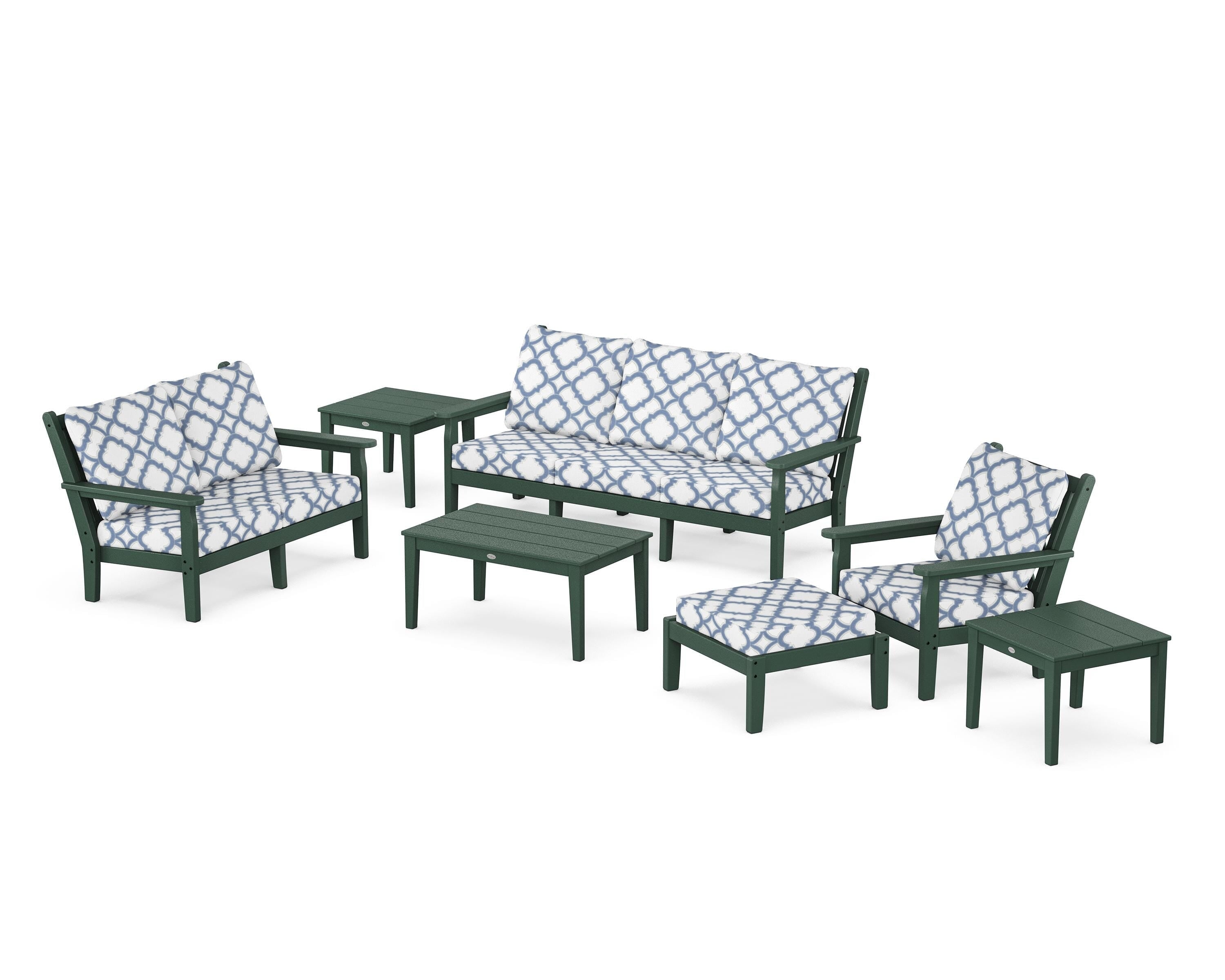 POLYWOOD® Chippendale 7-Piece Deep Seating Set in Green / Trellis Sky Blue