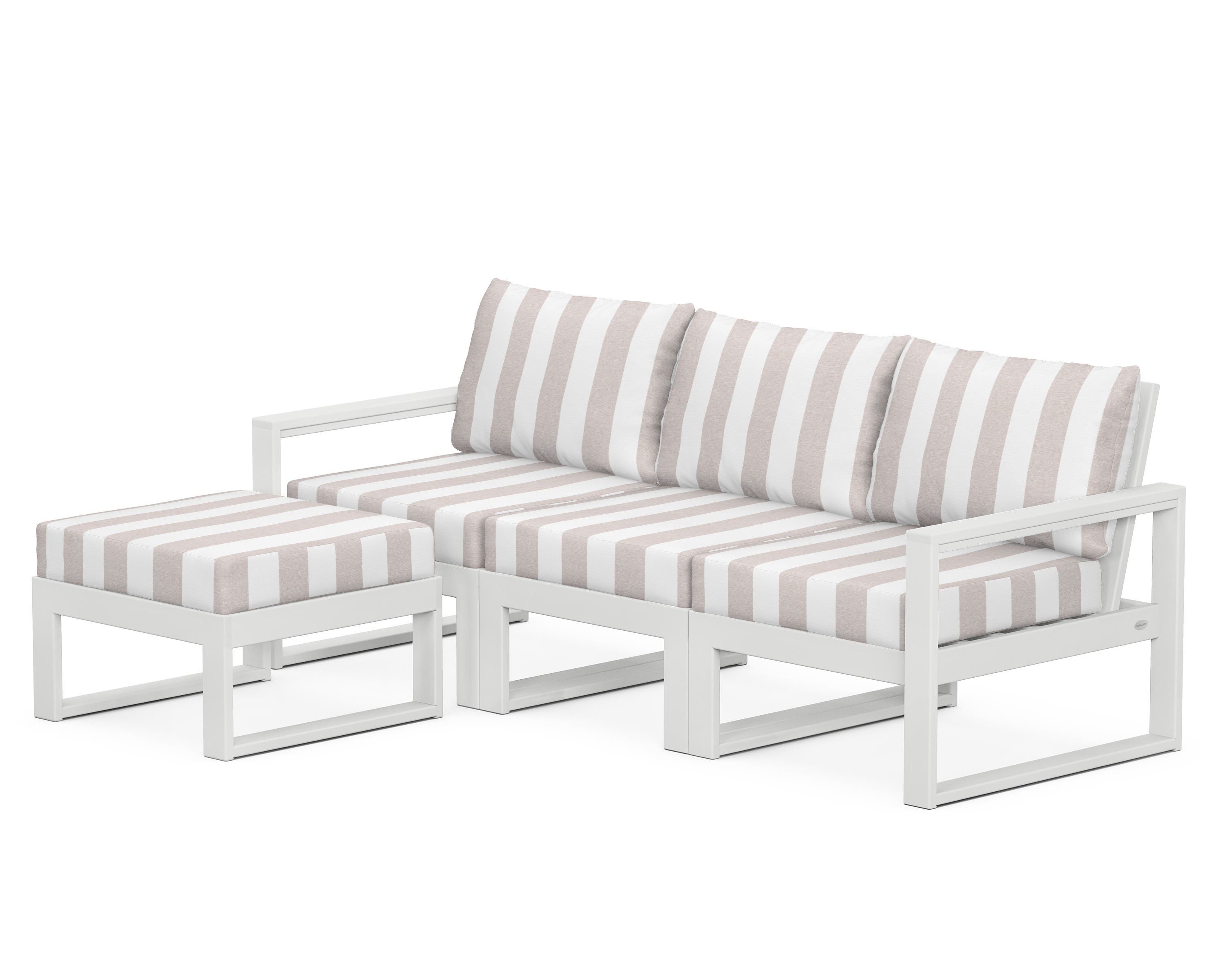 POLYWOOD® EDGE 4-Piece Modular Deep Seating Set with Ottoman in White / Cabana Stripe Dune Burlap
