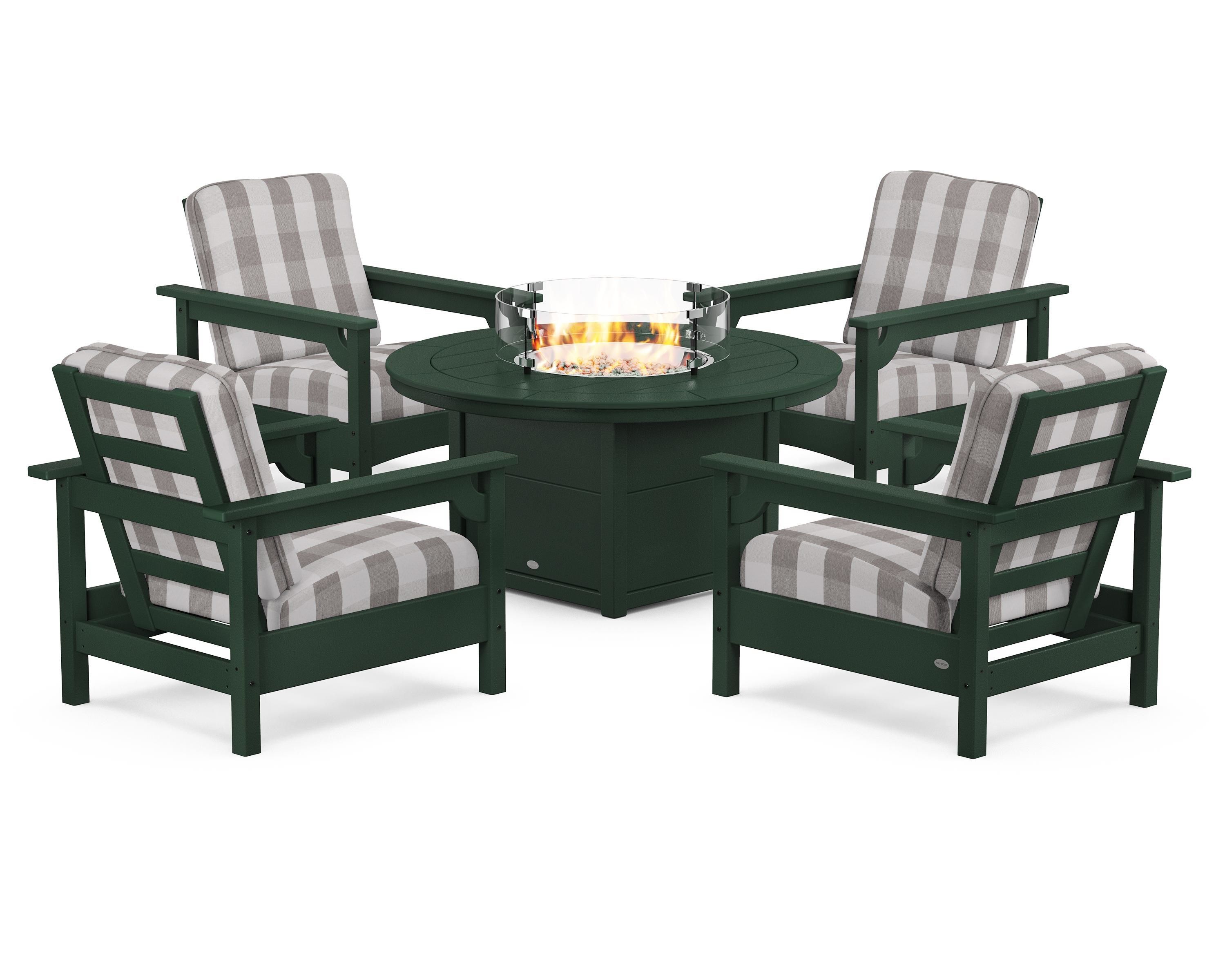 POLYWOOD® Club 5-Piece Conversation Set with Fire Pit Table in Green / Buffalo Plaid Grey Mist