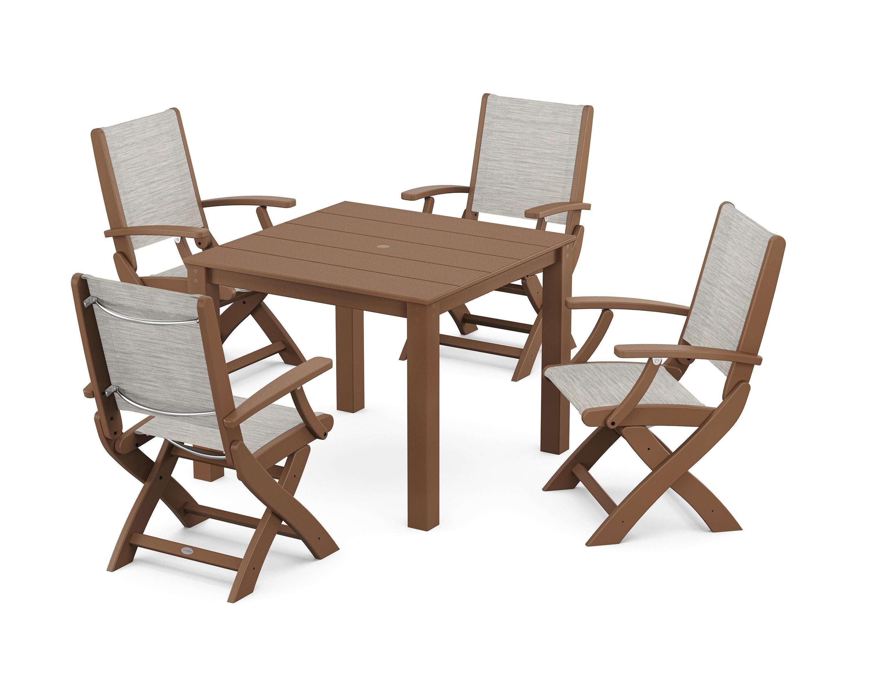 POLYWOOD® Coastal Folding Chair 5-Piece Parsons Dining Set in Teak / Birch Sling