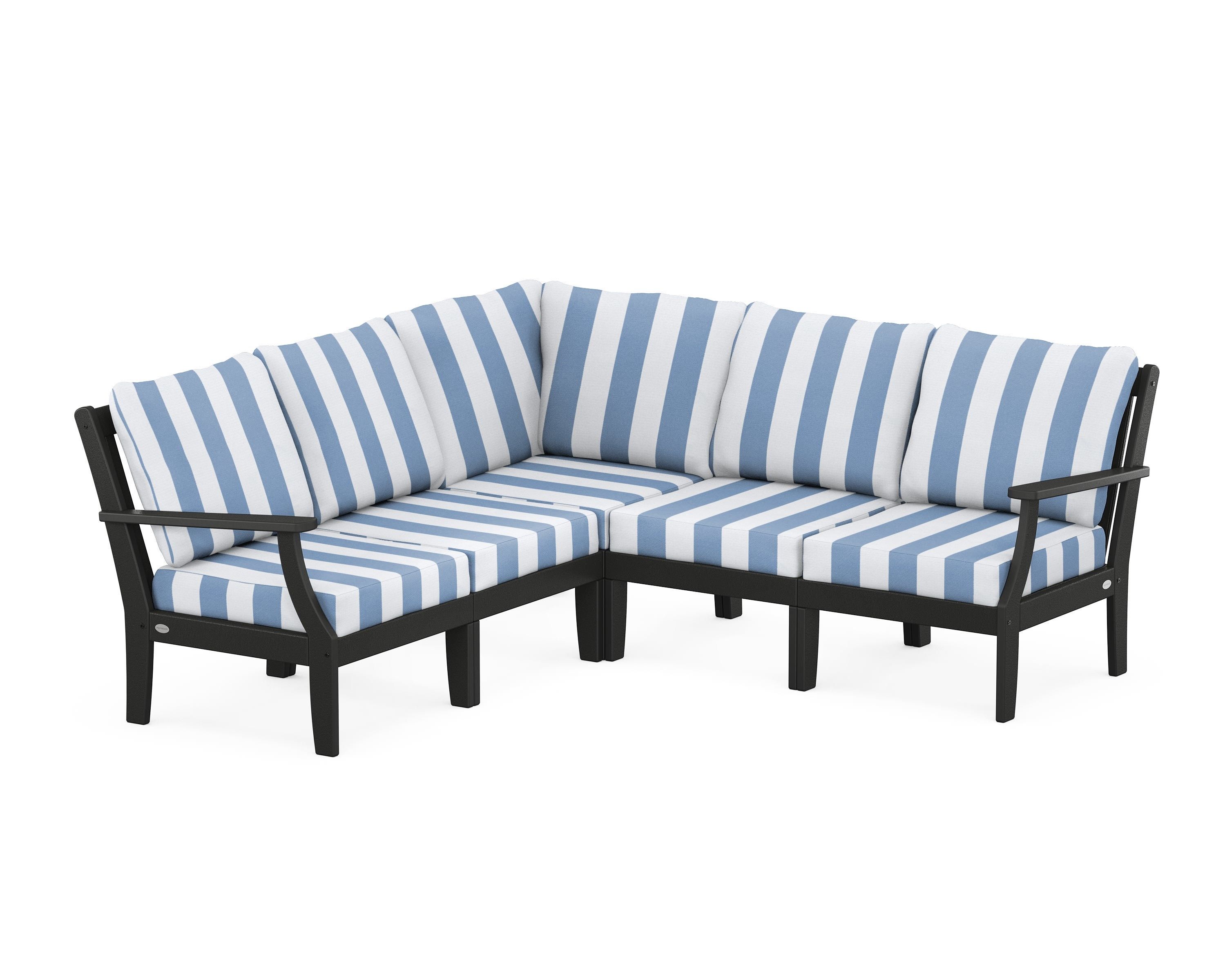 POLYWOOD® Braxton Modular 5-Piece Deep Seating Set in Black / Cabana Stripe Sky Blue